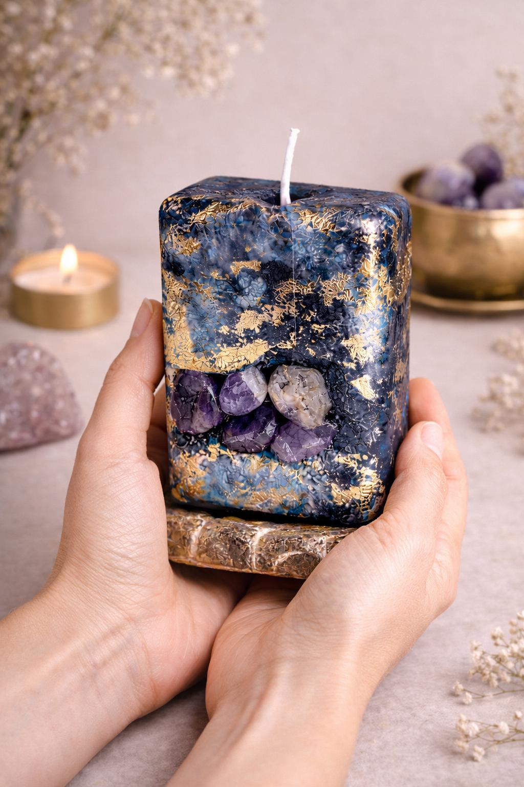 Amethyst crystal candle with 24K gold leaf held in hands luxury handmade candle size reference spiritual decor gift for her