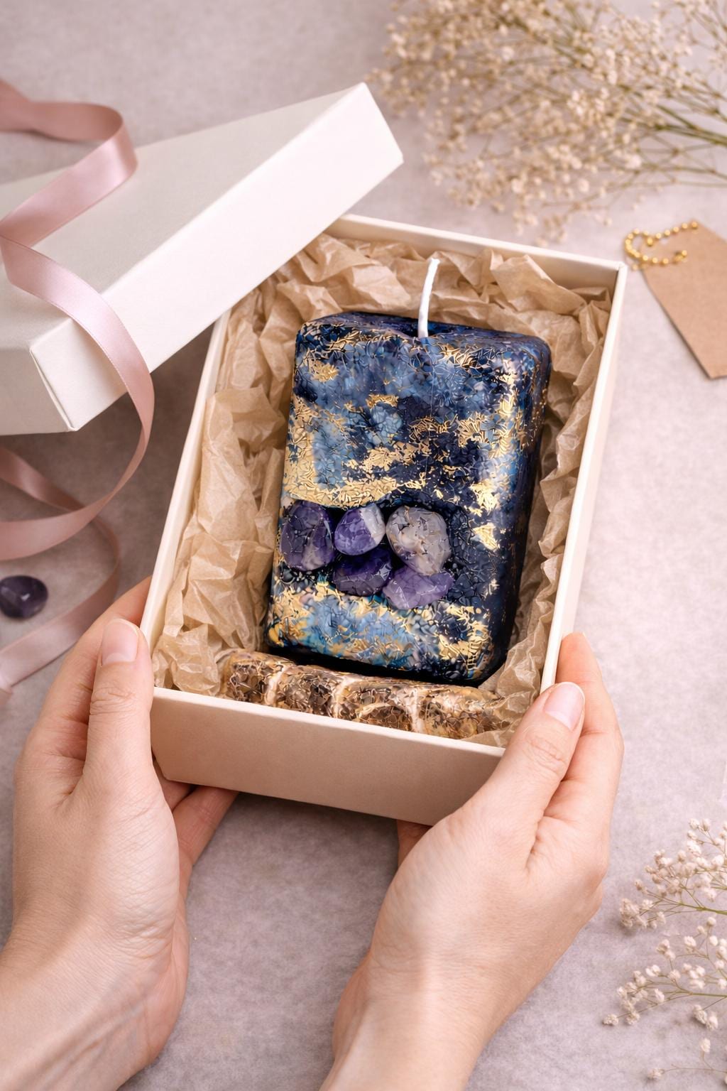 Amethyst crystal candle in gift box with ribbon luxury handmade candle packaging gift for her 24K gold leaf candle
