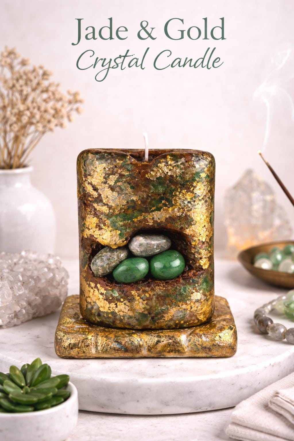 Luxury jade aura candle in home decor setting with crystals and incense, handmade green stone candle with gold foil, spiritual decor gift for her
