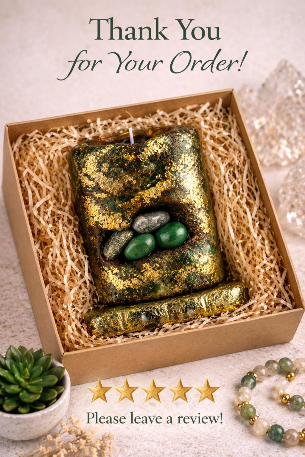 Handmade jade aura crystal candle in gift packaging, green stone candle with gold foil, ready to gift spiritual decor, thank you card presentation