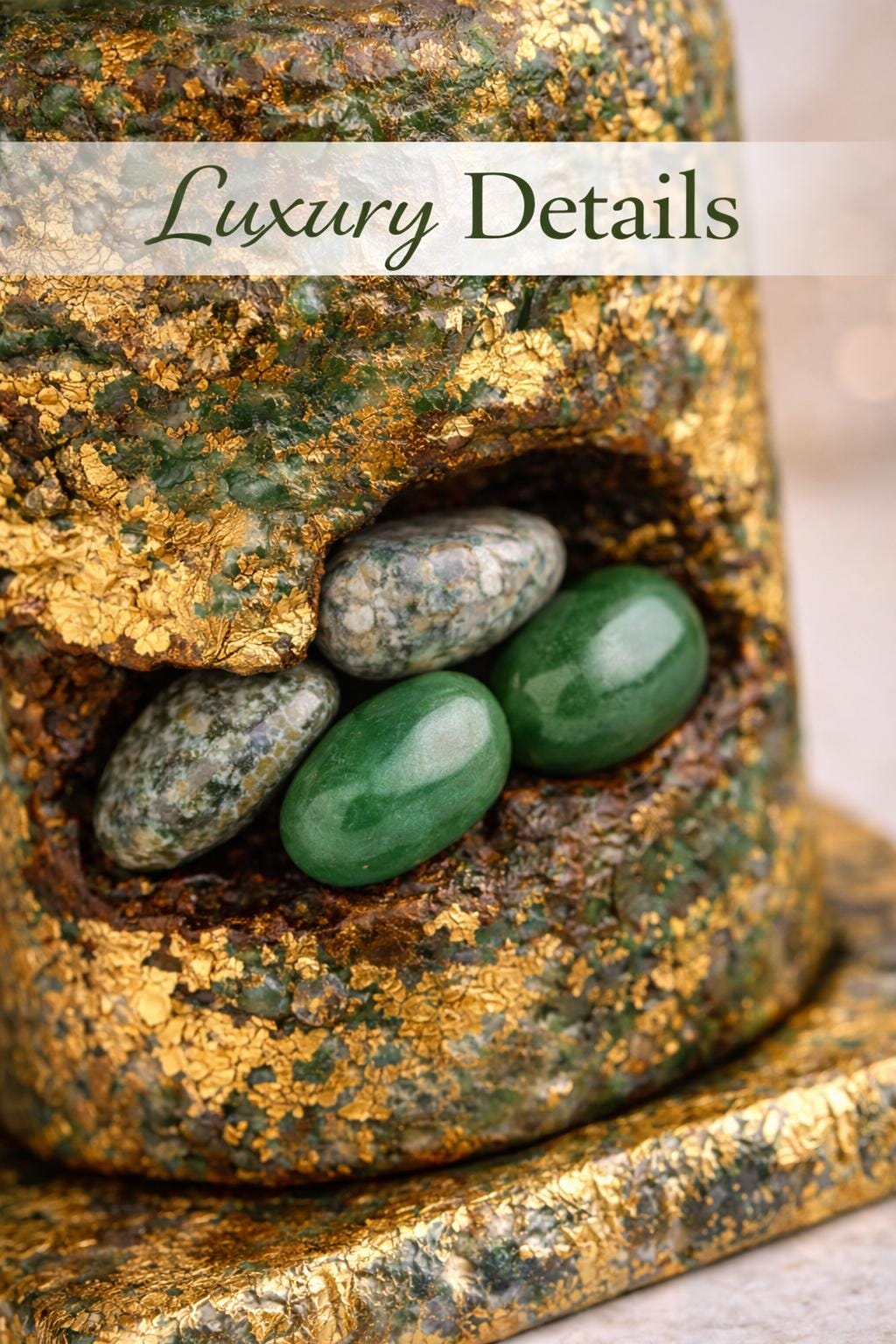 Luxury jade candle close-up with gold leaf and green stones, handmade crystal candle detail, premium decorative candle texture, elegant gift for her