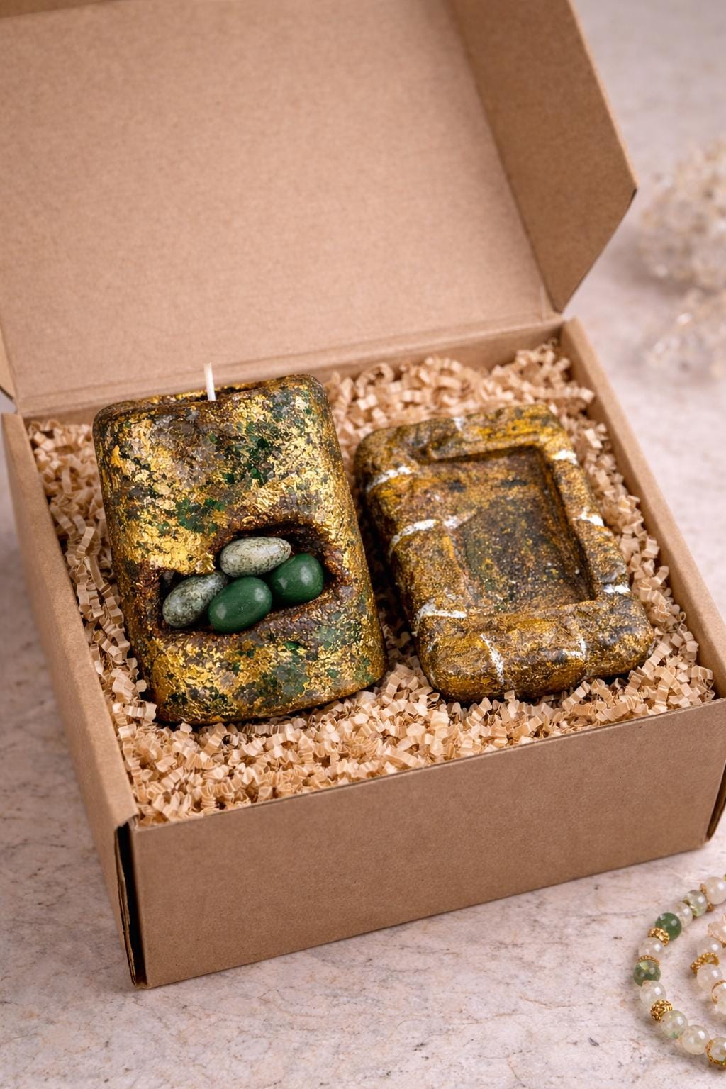 Jade candle in gift box packaging with green stones and gold leaf, handmade crystal candle, luxury gift for her, ready to gift premium candle