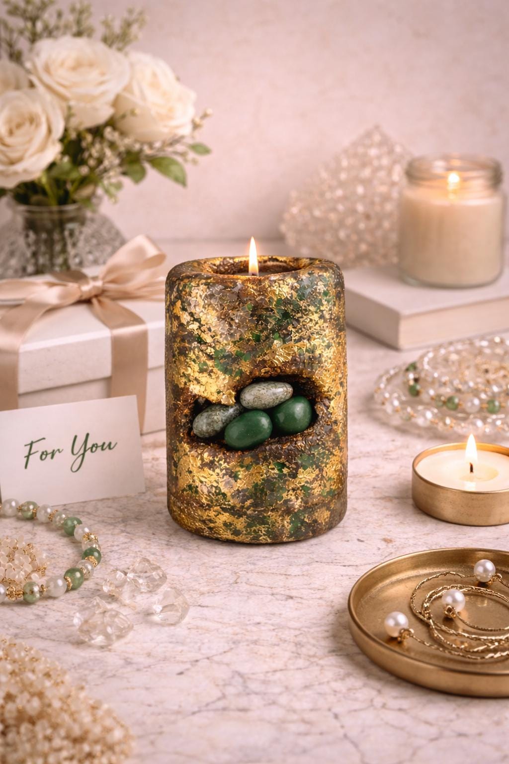 Jade crystal candle styled as luxury gift with jewelry and decor, handmade green stone candle with gold foil, elegant gift idea for her