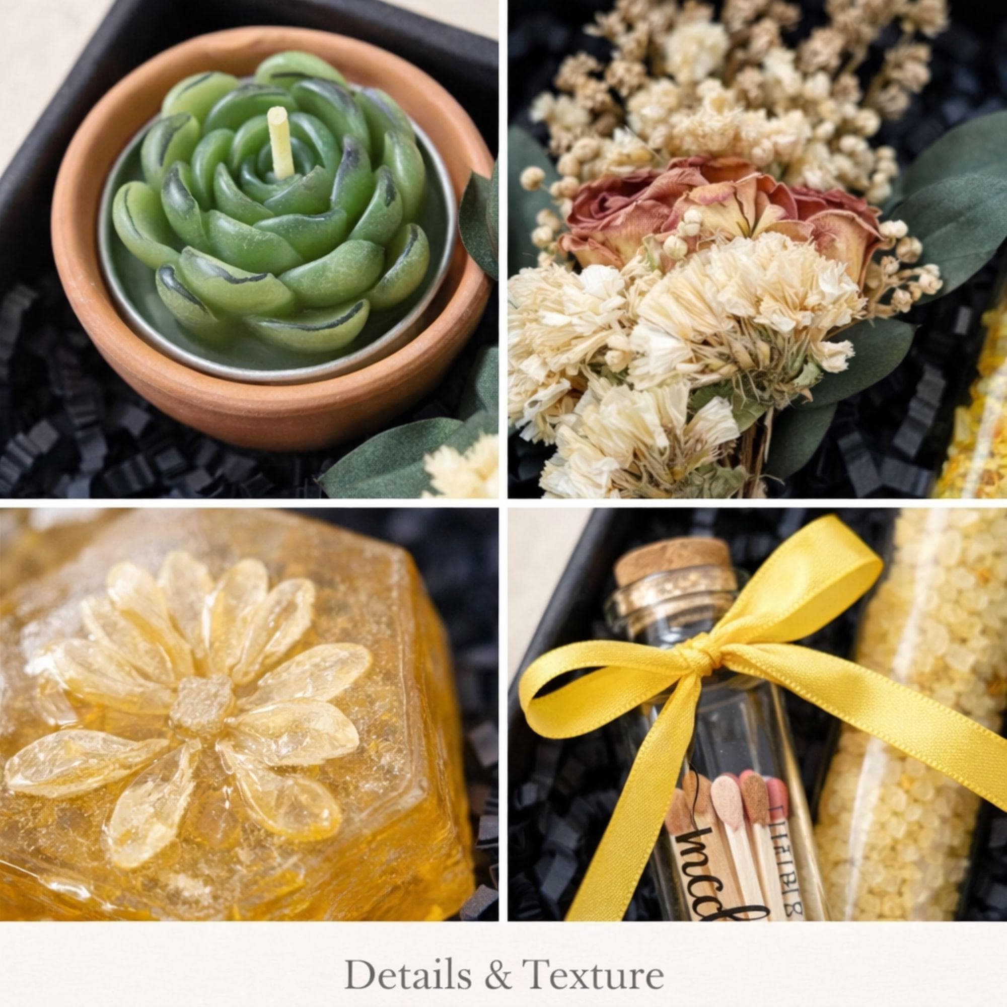 Corporate gift box for employee appreciation and client thank you gifting featuring handmade candle, bath salts, artisan soap, matches and dried flowers in elegant black box with yellow ribbon, compact 6x6 inch business gift set perfect for bulk corporate orders, office gifting, team appreciation, professional relationships and direct shipping to recipients