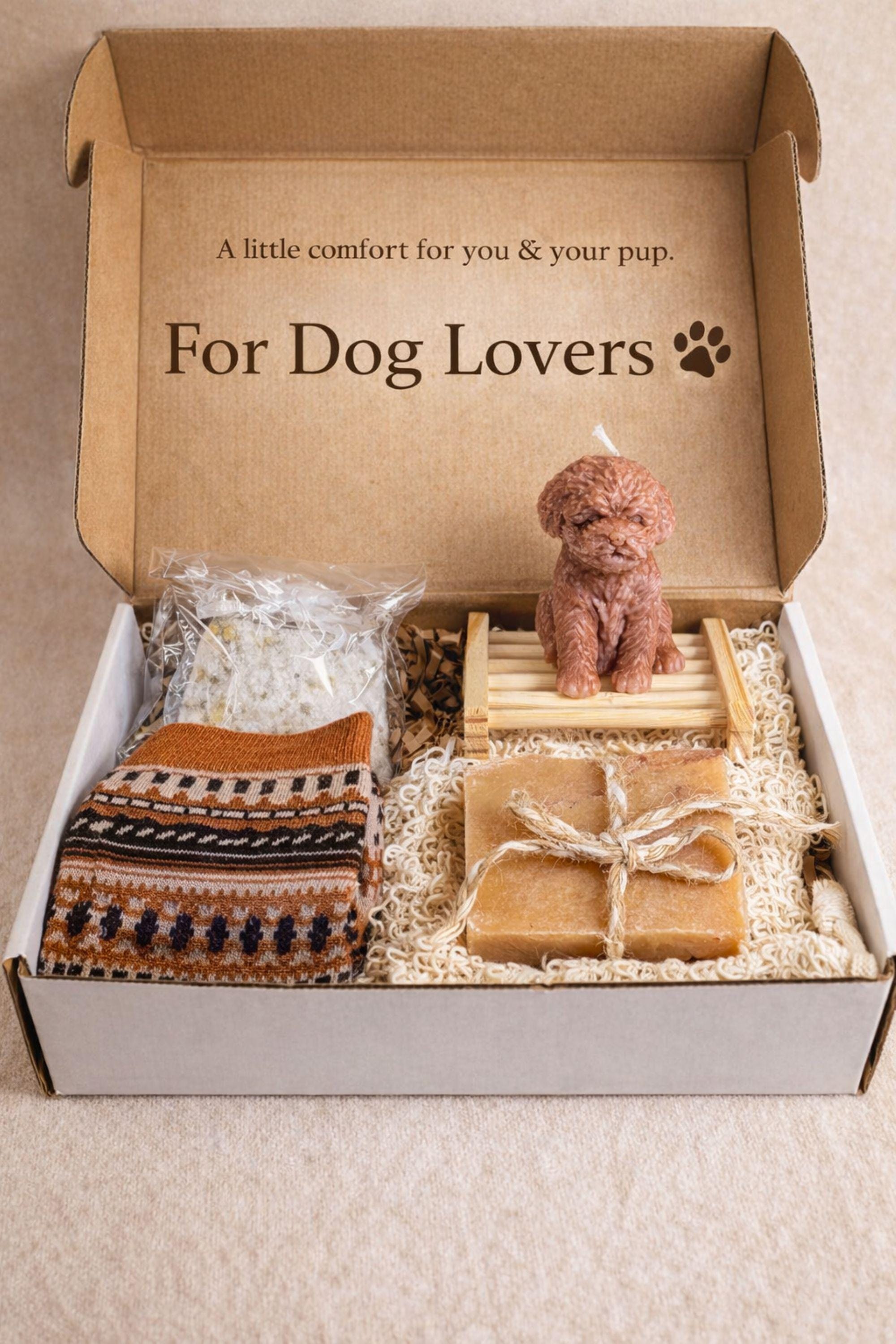 dog mom mothers day gift box cozy care package for dog lover mom with handmade soap natural soap bag cozy socks dog shaped candle pet lover gift box thoughtful gift for dog mom self care gift for women relaxation spa gift set ready to gift appreciation gift for pet mom cozy aesthetic gift for her
