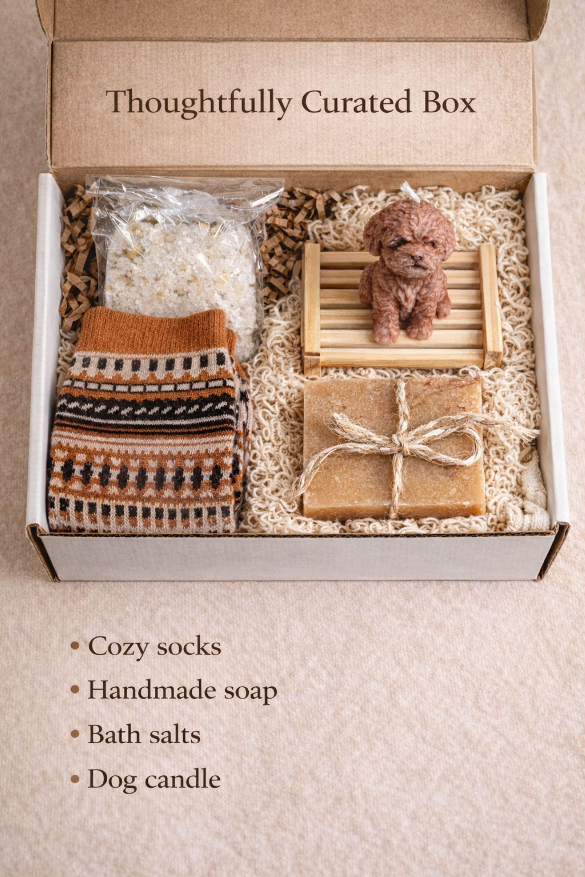 Dog lover gift box featuring cozy socks, handmade soap, bath salts and dog shaped candle, pet lover care package designed for relaxation and comfort, thoughtful gift for dog mom or dog dad, cozy self care box with soft textures and warm neutral aesthetic, perfect gift for dog owner, animal lover or friend, ready to gift packaging with curated items for comfort and relaxation