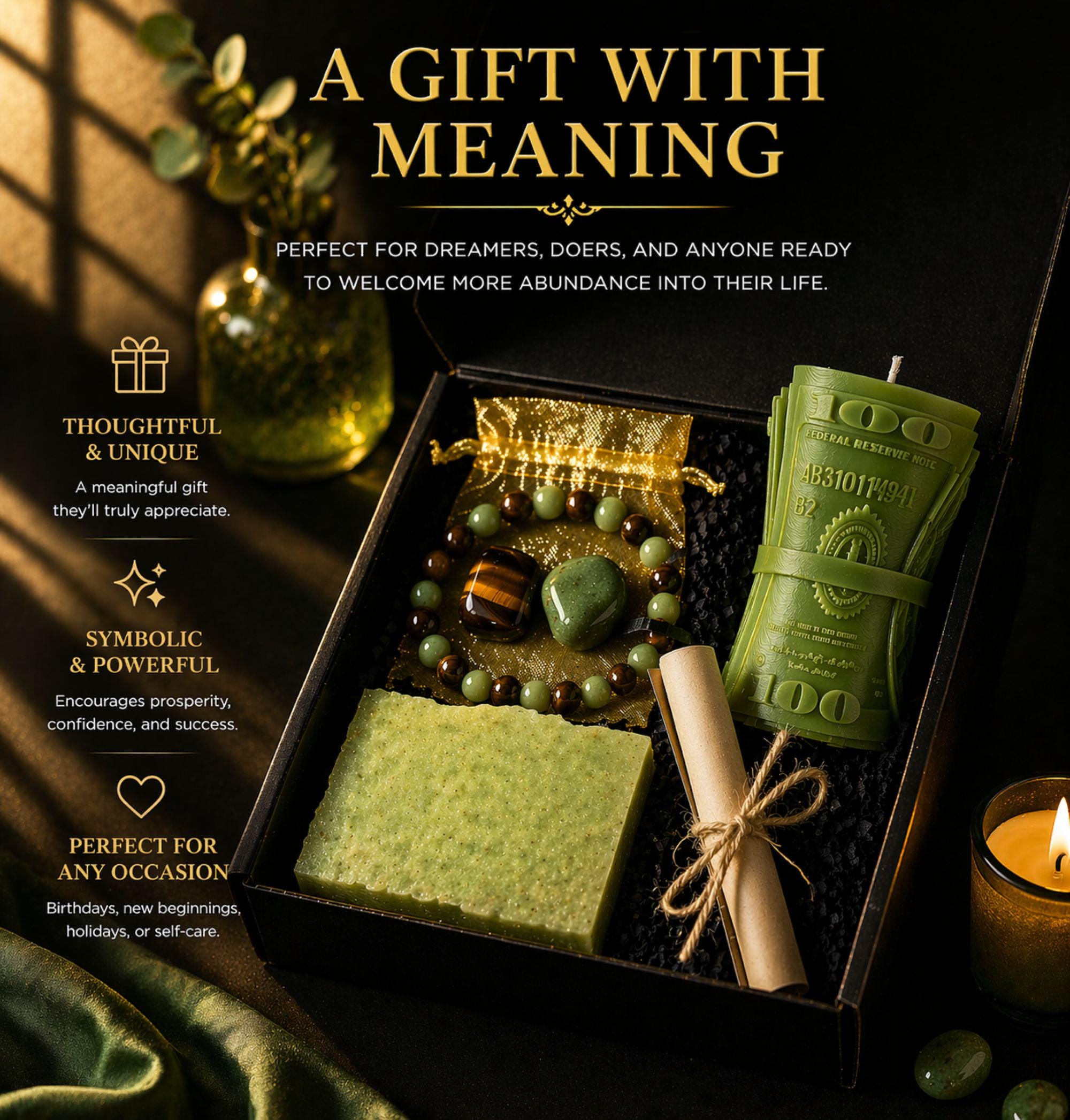 Wealth manifestation gift set with crystal bracelet, tiger eye stone, green aventurine, prosperity candle, handmade soap and intention scroll in black gift box, spiritual abundance ritual kit for attracting money success and positive energy, law of attraction gift for her or him, meaningful crystal gift set for manifestation and personal growth