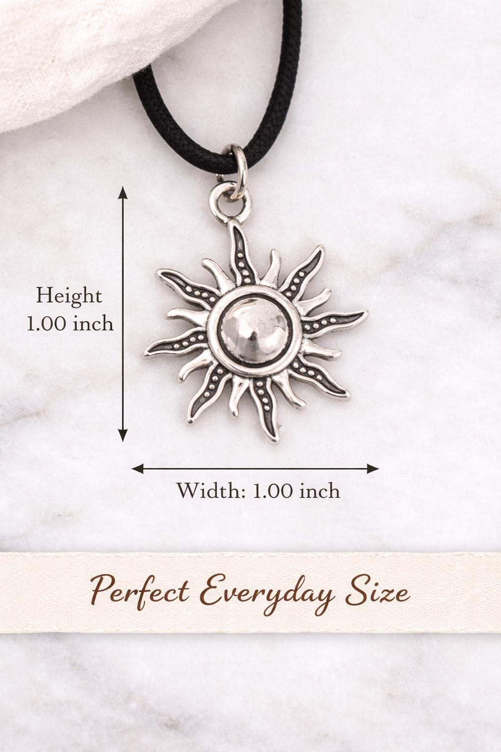 silver sun pendant necklace size comparison 1.00 inch height width minimalist celestial jewelry black cord choker dimensions product photo