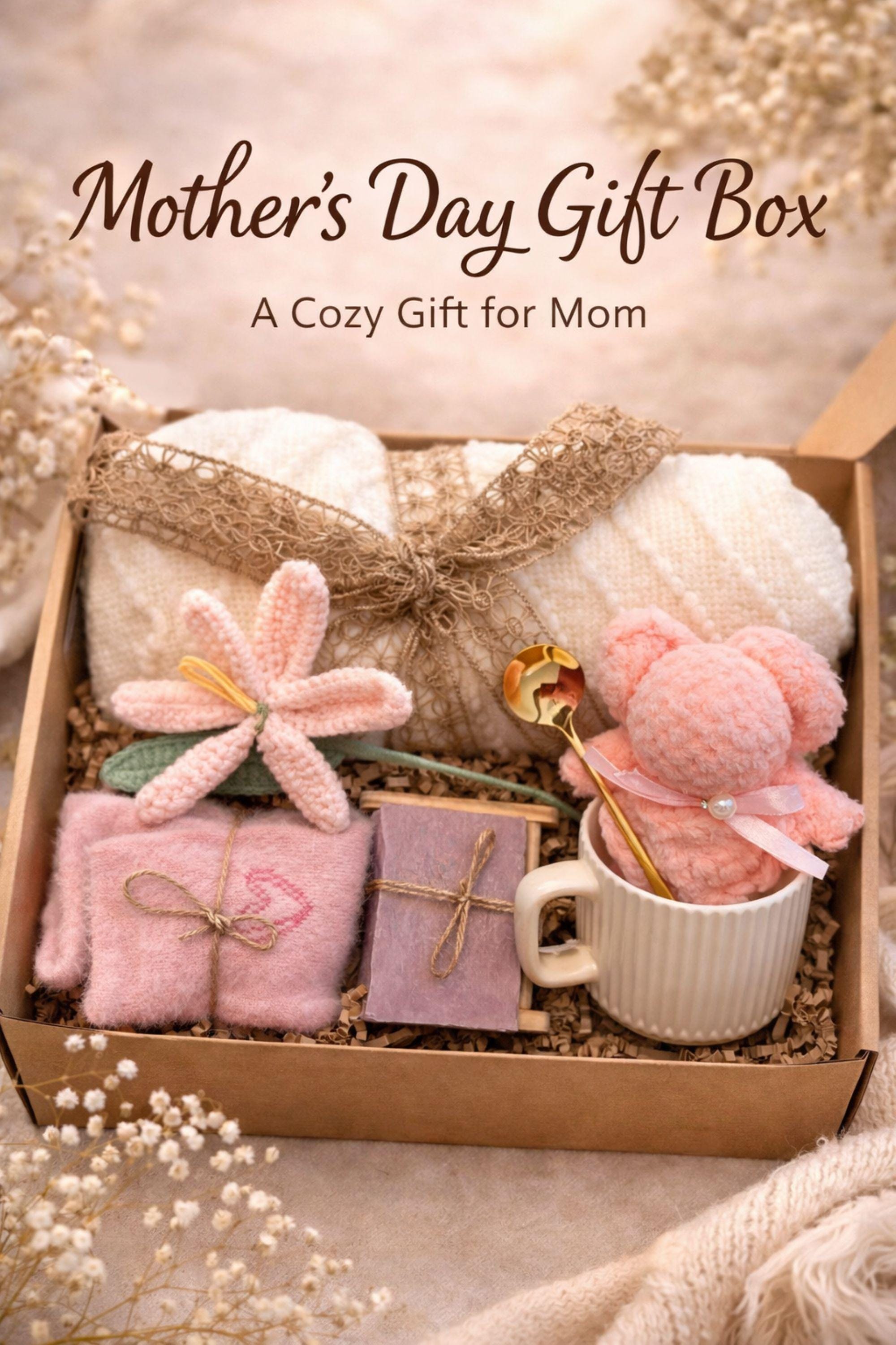 gift for mom from daughter cozy care package gift box with blanket candle soap mug teddy bear handmade crochet flower relaxation spa gift set mothers day gift for mom thoughtful present self care box for women comfort gift basket soft neutral aesthetic ready to gift appreciation gift for mother pamper gift box cozy gift set for her
