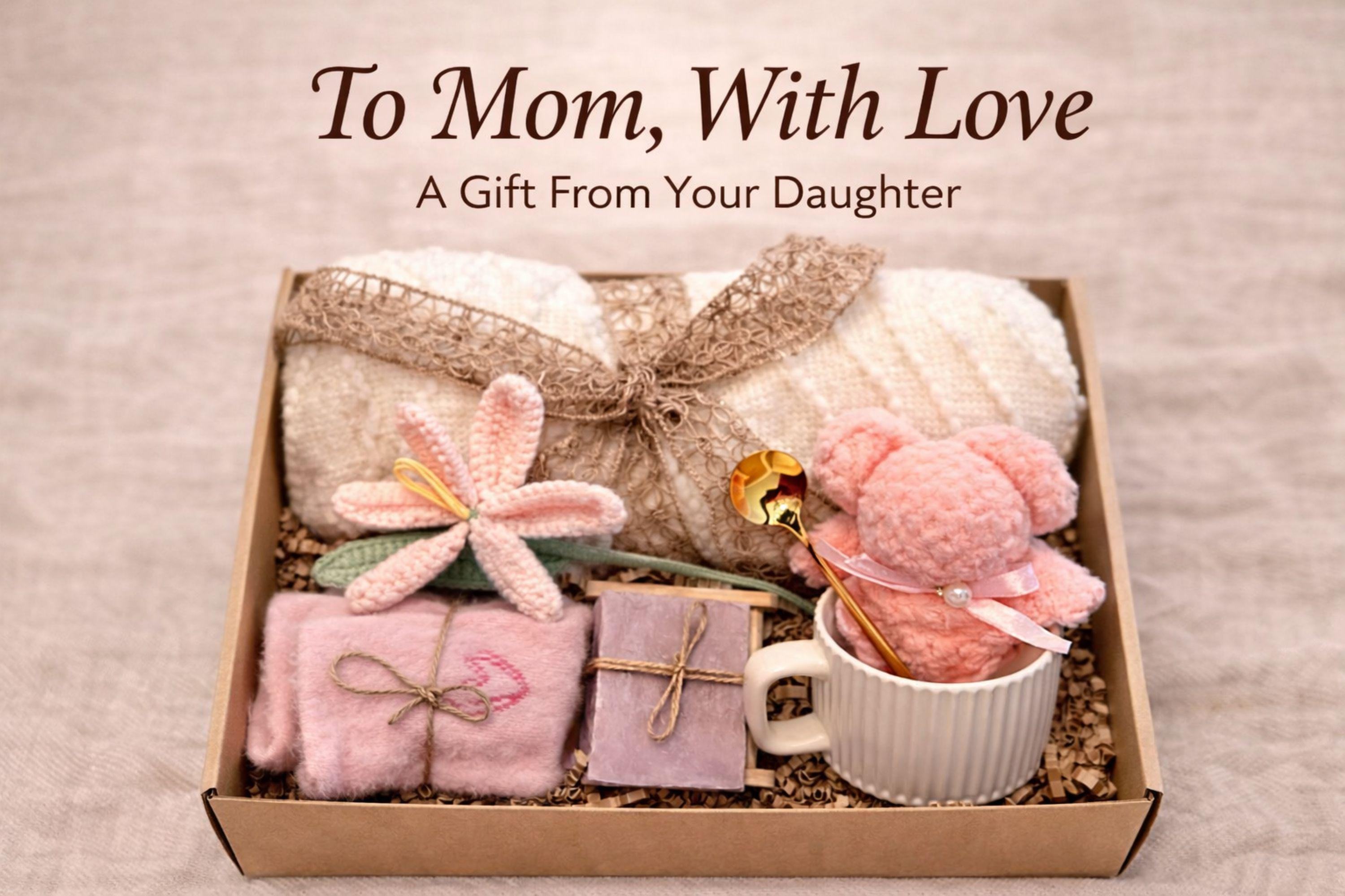 gift for mom from daughter cozy care package gift box with blanket candle soap mug teddy bear handmade crochet flower relaxation spa gift set mothers day gift for mom thoughtful present self care box for women comfort gift basket soft neutral aesthetic ready to gift appreciation gift for mother pamper gift box cozy gift set for her