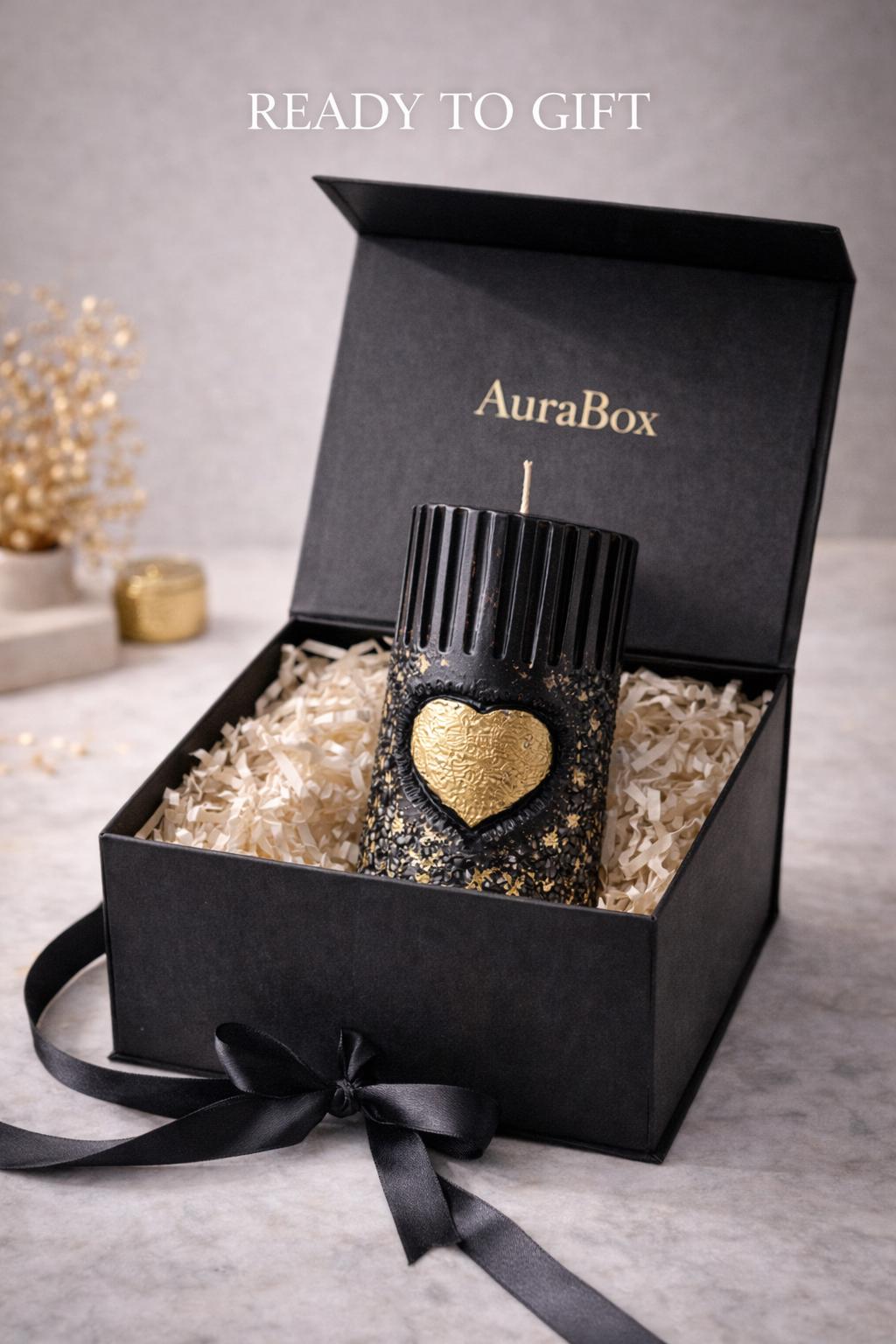 Black gold sculptural candle in luxury gift box with ribbon, ready to gift decorative candle, modern home decor candle, unique gift for her, aesthetic black and gold candle packaging