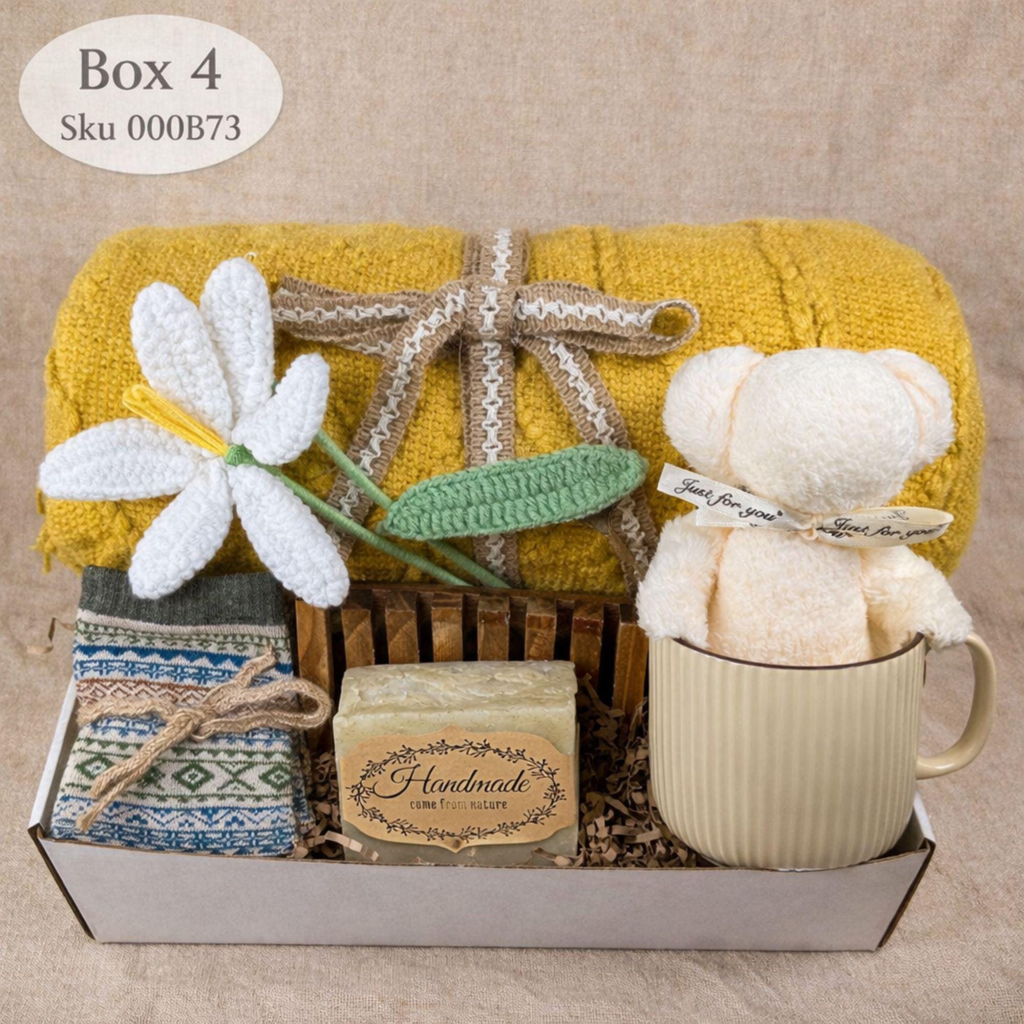 birthday gift box for her self care package cozy spa gift basket relaxation gift with knit blanket ceramic mug gold spoon artisan soap cozy socks handmade flower thoughtful birthday present for women comfort care package ready to gift
