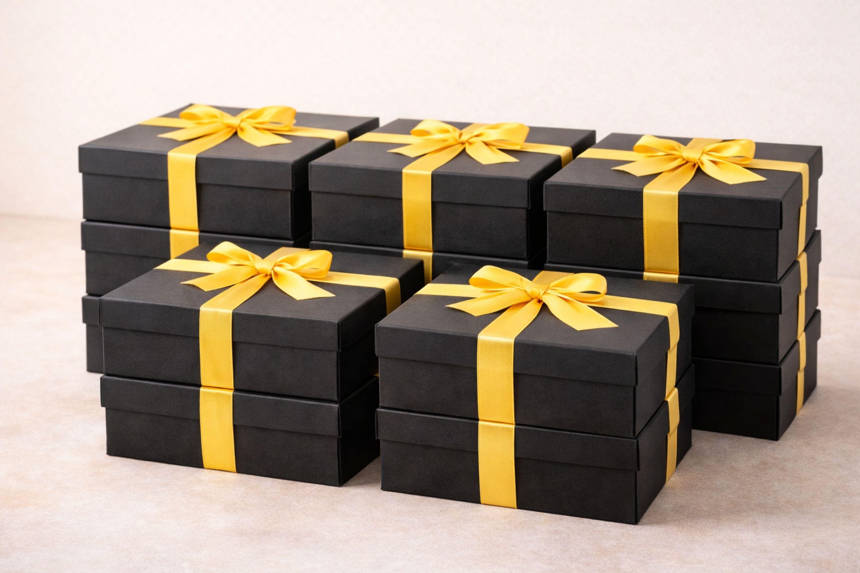 Corporate gift box for employee appreciation and client thank you gifting featuring handmade candle, bath salts, artisan soap, matches and dried flowers in elegant black box with yellow ribbon, compact 6x6 inch business gift set perfect for bulk corporate orders, office gifting, team appreciation, professional relationships and direct shipping to recipients