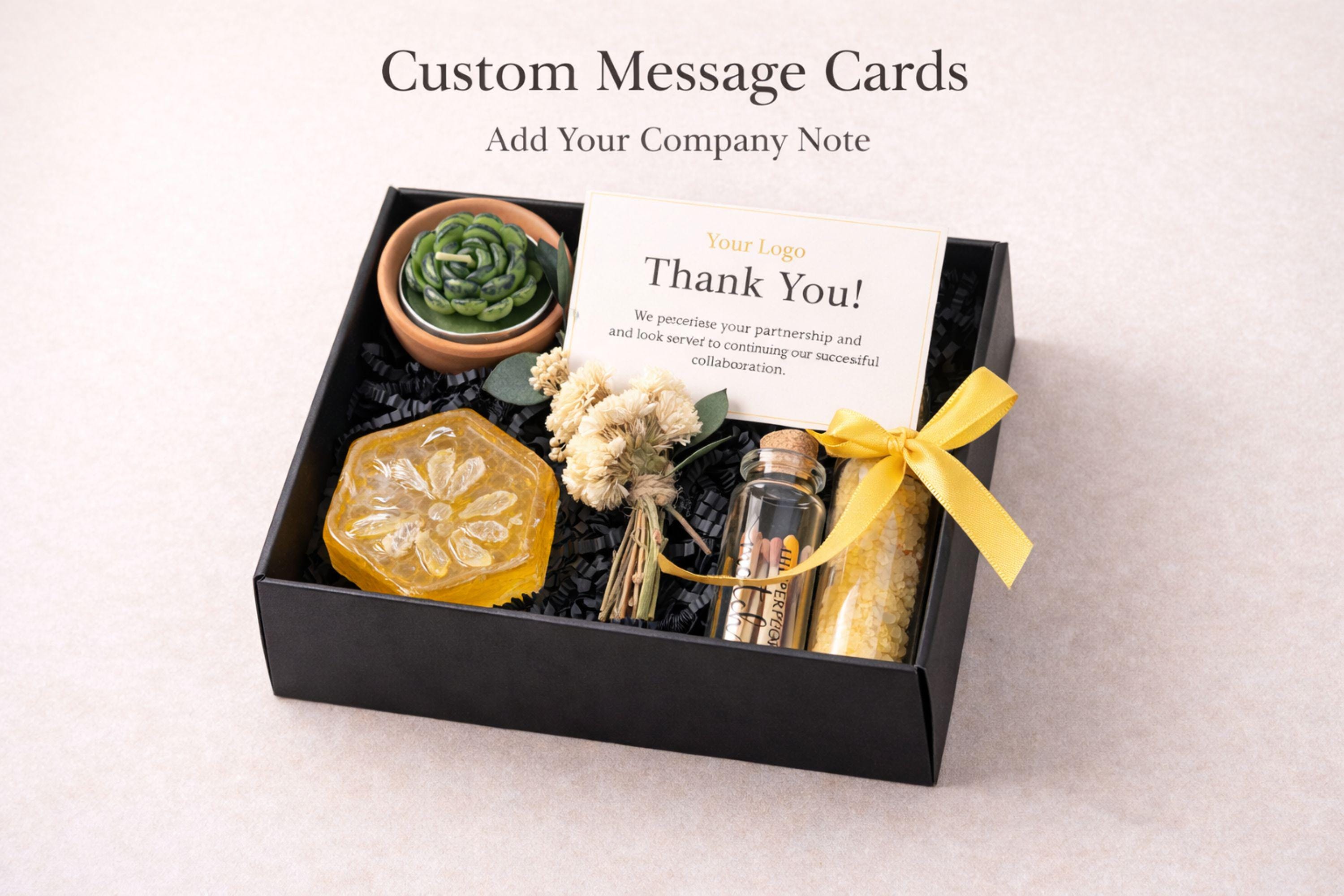 Corporate gift box for employee appreciation and client thank you gifting featuring handmade candle, bath salts, artisan soap, matches and dried flowers in elegant black box with yellow ribbon, compact 6x6 inch business gift set perfect for bulk corporate orders, office gifting, team appreciation, professional relationships and direct shipping to recipients