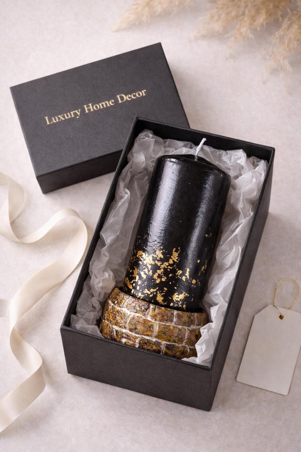 black decorative candle in luxury gift box ready to gift home decor
