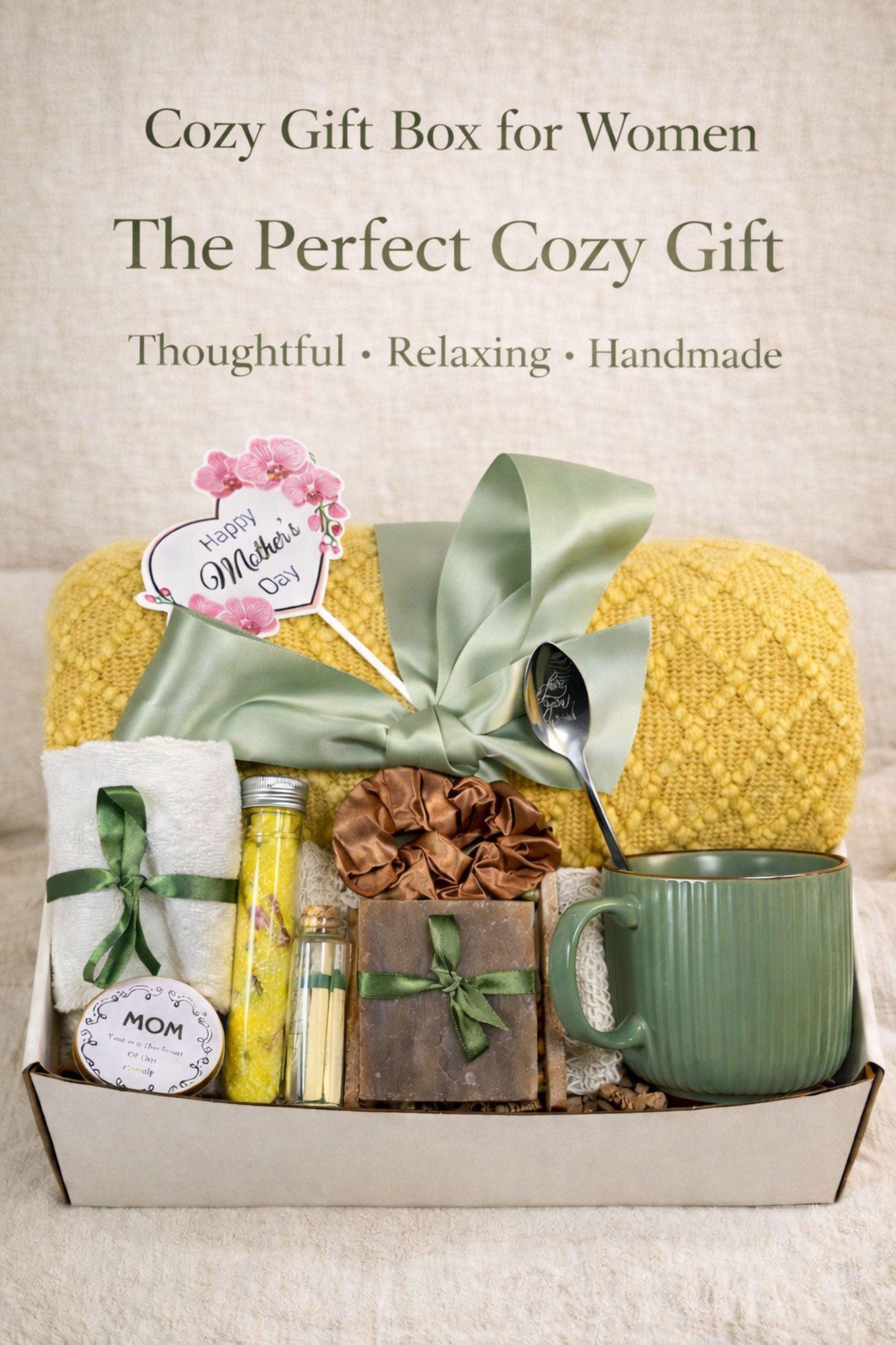 Cozy gift box for women self care package with blanket mug handmade soap bath salts relaxing spa gift set for her, birthday gift box, comfort care package, thoughtful gift for women, cozy relaxation gift basket, ready to gift spa box for stress relief and self care