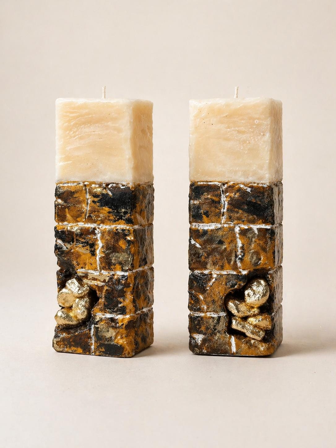 sculptural candle set with stone texture base and gold accents modern minimalist home decor luxury decorative candle pair