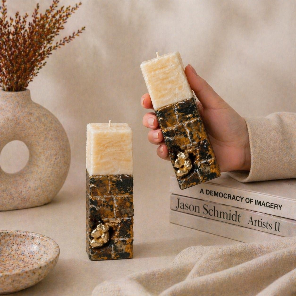 hand holding sculptural candle with second candle on table handmade decorative candle modern home decor