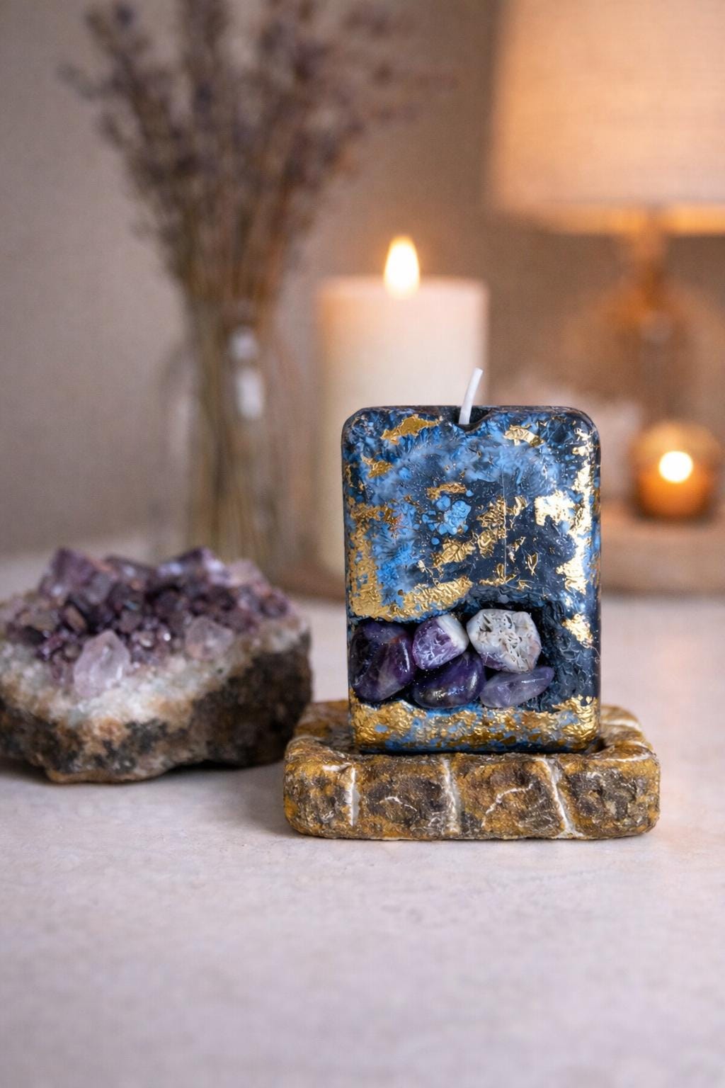 amethyst crystal candle in home interior decor aesthetic luxury candle styling