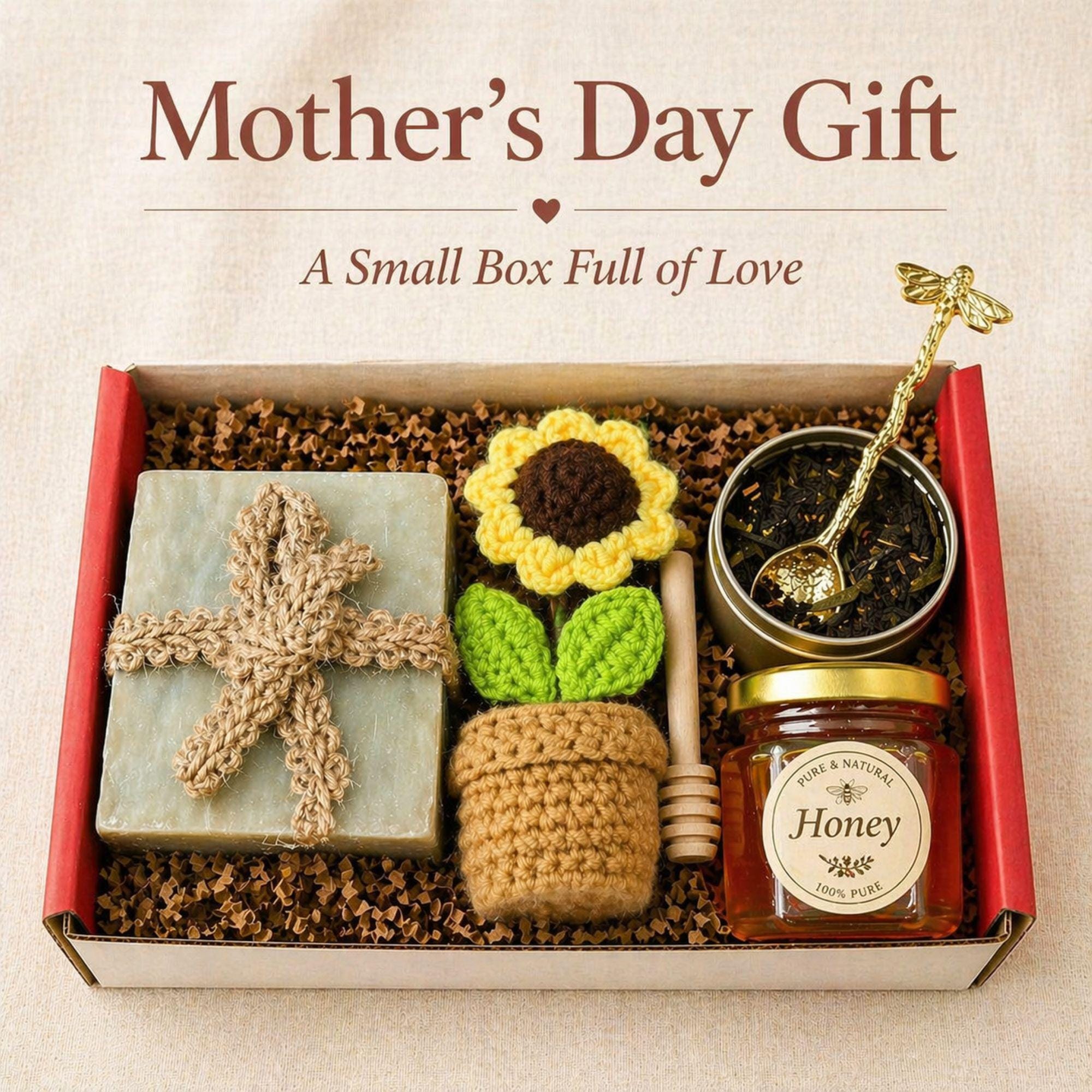 Mothers Day gift box for mom with tea lover set including honey jar, loose leaf tea, handmade soap, crochet sunflower and gold spoon, cozy self care gift basket, comfort care package for her, relaxation gift box, thinking of you gift, small meaningful gift set, ready to gift box for mom, birthday gift for her, aesthetic cozy gift set with natural honey and tea