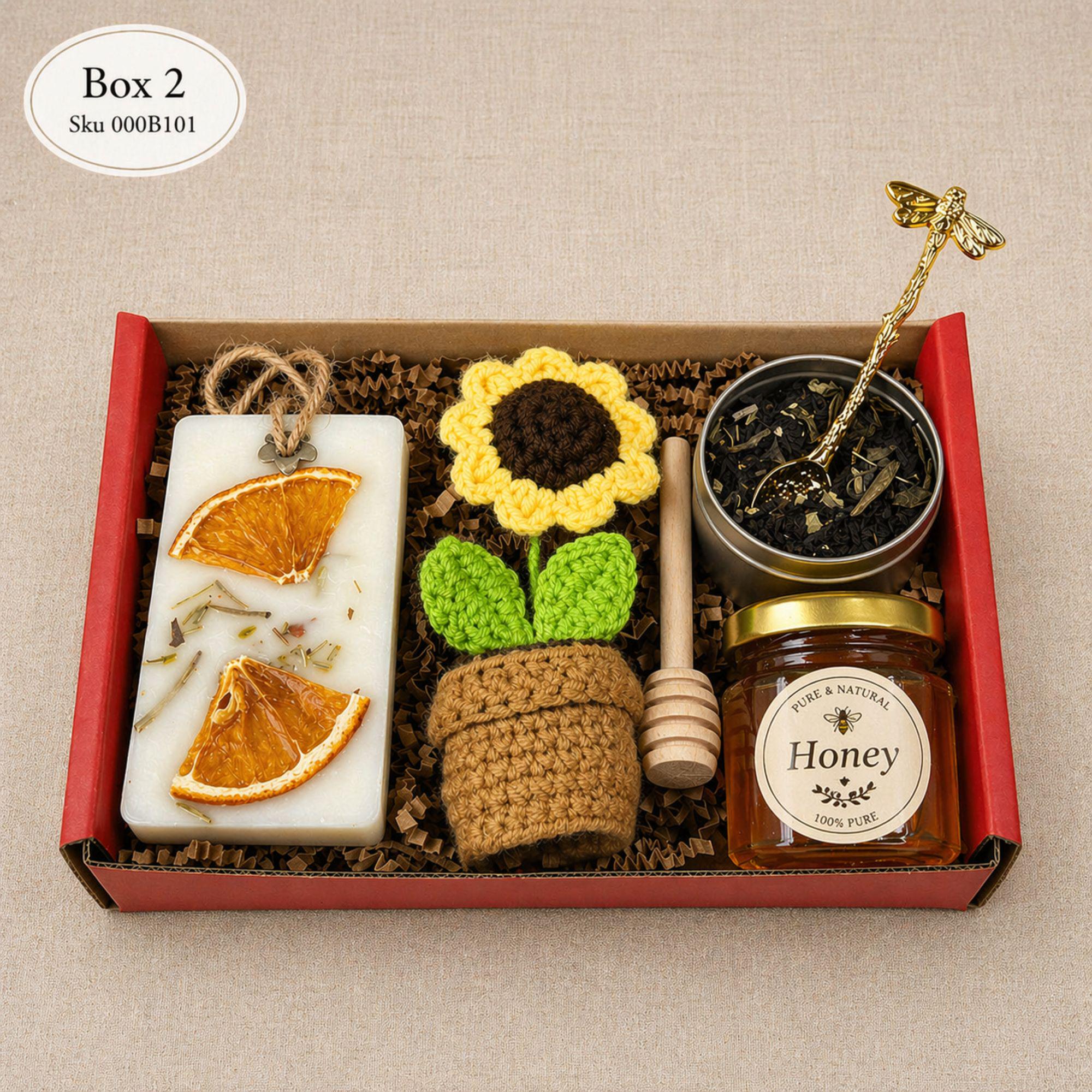 Mothers Day gift box for mom with tea lover set including honey jar, loose leaf tea, handmade soap, crochet sunflower and gold spoon, cozy self care gift basket, comfort care package for her, relaxation gift box, thinking of you gift, small meaningful gift set, ready to gift box for mom, birthday gift for her, aesthetic cozy gift set with natural honey and tea