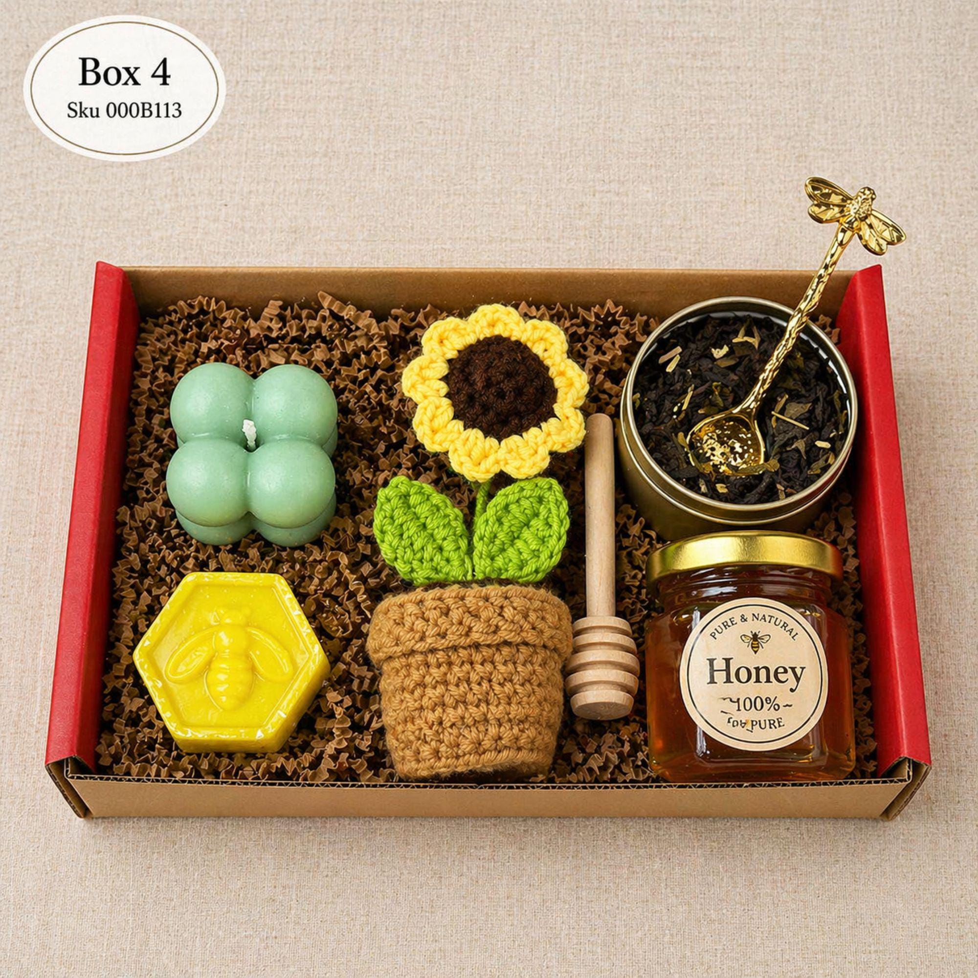 Mothers Day gift box for mom with tea lover set including honey jar, loose leaf tea, handmade soap, crochet sunflower and gold spoon, cozy self care gift basket, comfort care package for her, relaxation gift box, thinking of you gift, small meaningful gift set, ready to gift box for mom, birthday gift for her, aesthetic cozy gift set with natural honey and tea