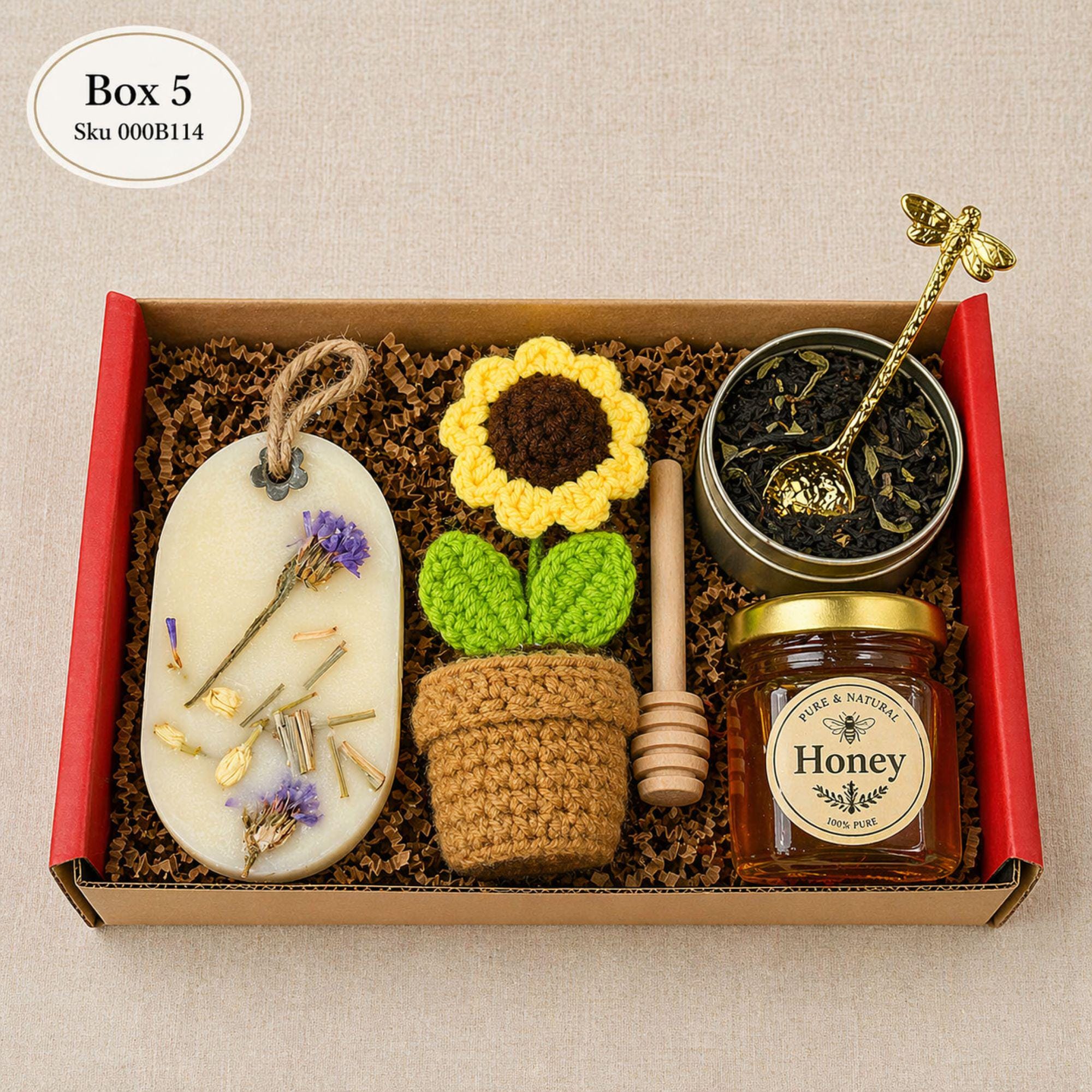 employee appreciation gift box corporate gift with tea honey jar wooden dipper gold spoon handmade soap and crochet sunflower, staff thank you gift box, client gift set ready to gift, business gift box for employees, bulk corporate gifts idea, team appreciation gift, office gift box, professional thank you gift, small company gift set, modern employee gift box with tea and honey