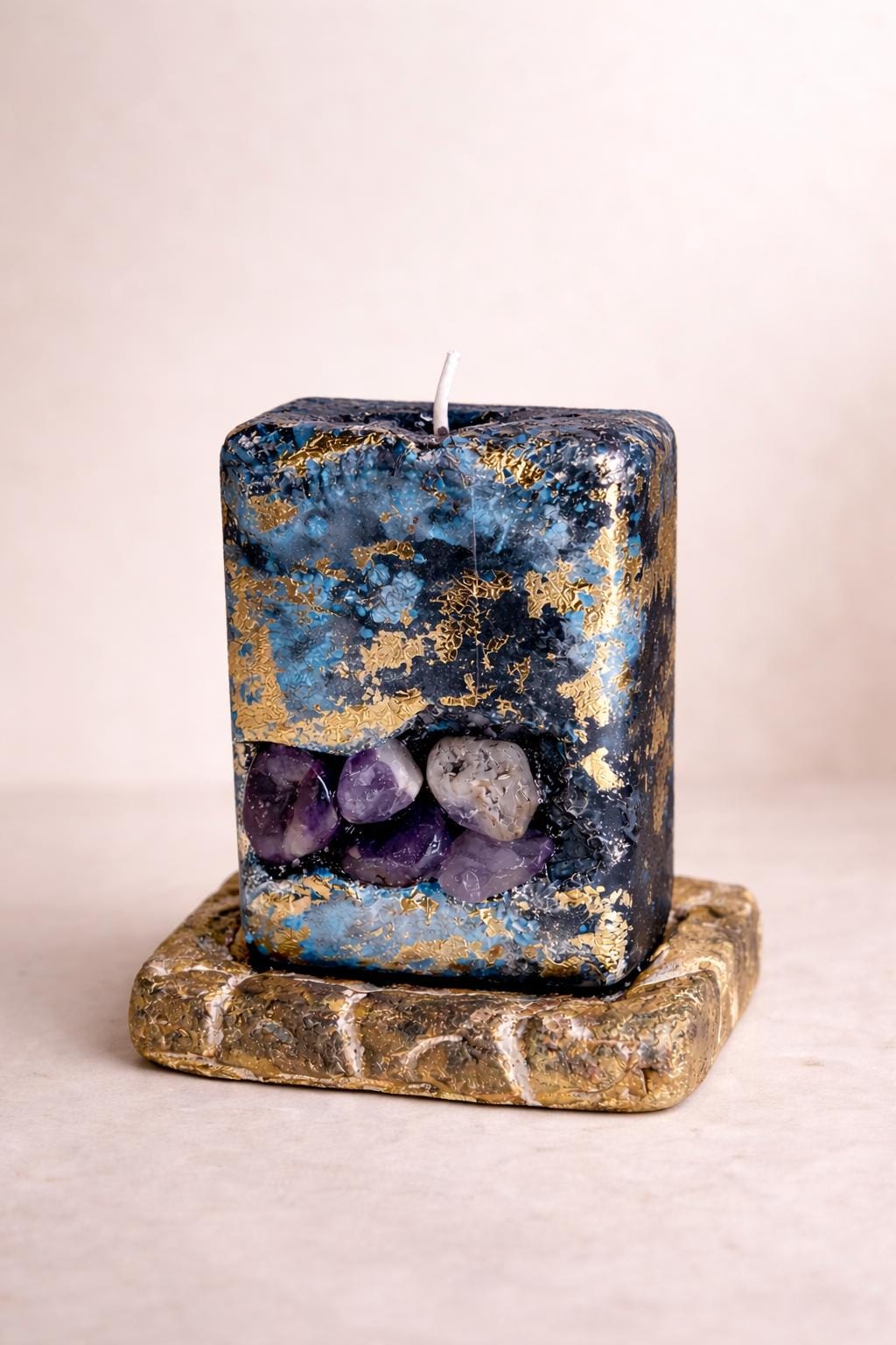Amethyst crystal candle with 24K gold leaf luxury handmade candle minimalist beige background spiritual decor gift for her