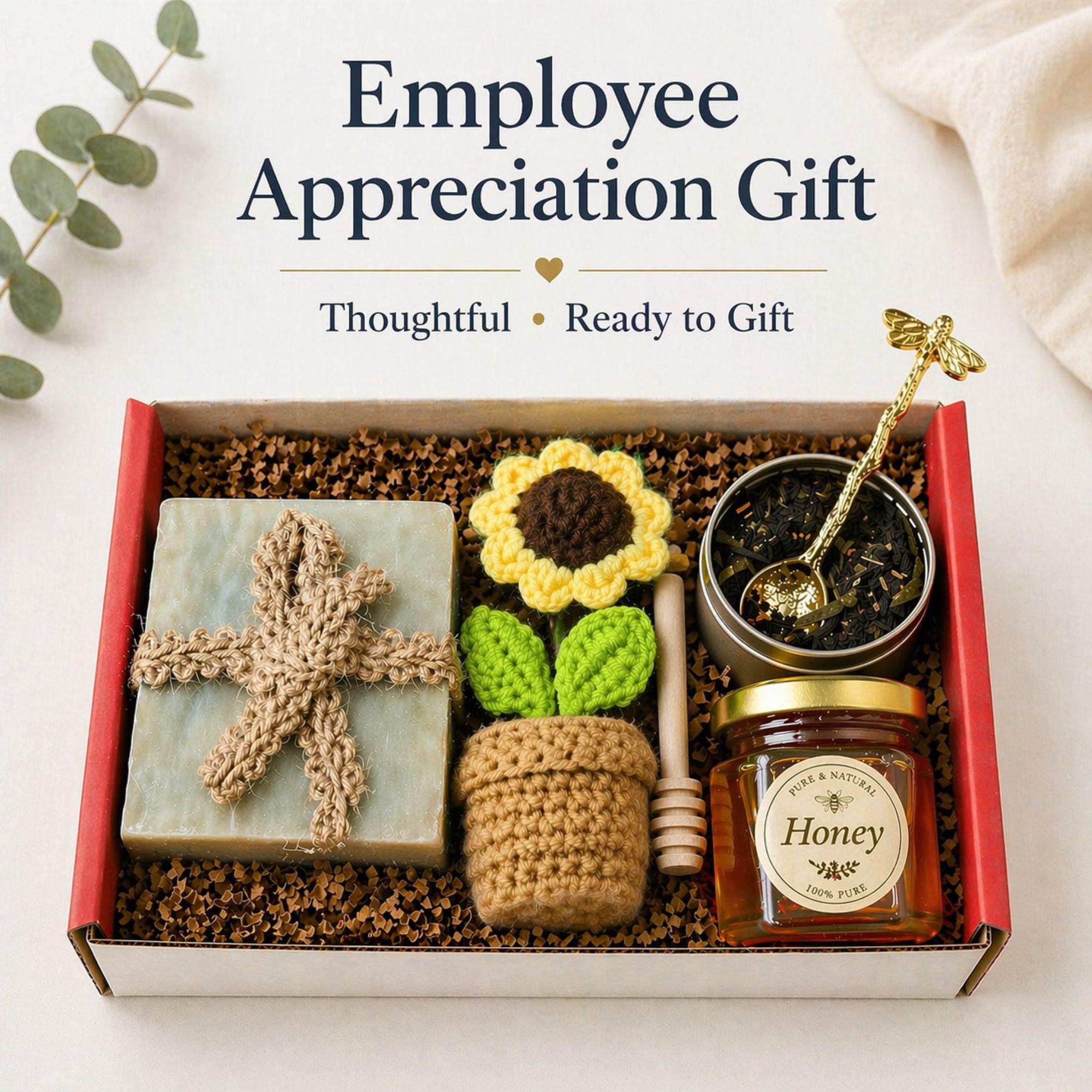 employee appreciation gift box corporate gift with tea honey jar wooden dipper gold spoon handmade soap and crochet sunflower, staff thank you gift box, client gift set ready to gift, business gift box for employees, bulk corporate gifts idea, team appreciation gift, office gift box, professional thank you gift, small company gift set, modern employee gift box with tea and honey