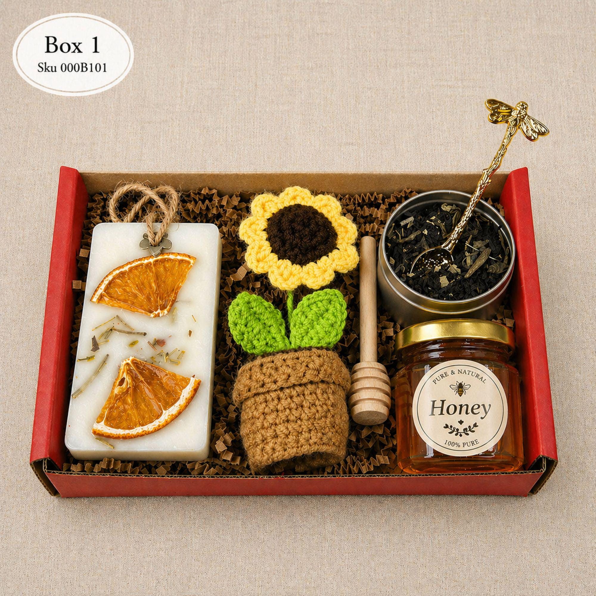 Mothers Day gift box for mom relaxation self care basket spa gift set for her with handmade soap, honey jar, loose leaf tea, gold spoon, crocheted sunflower, cozy care package for mom, I love you mom gift, birthday gift for mom, gift from daughter, thoughtful gift for mother, spa gift basket for women, ready to gift box, premium curated gift set, comfort gift box, unique mothers day gift idea for her