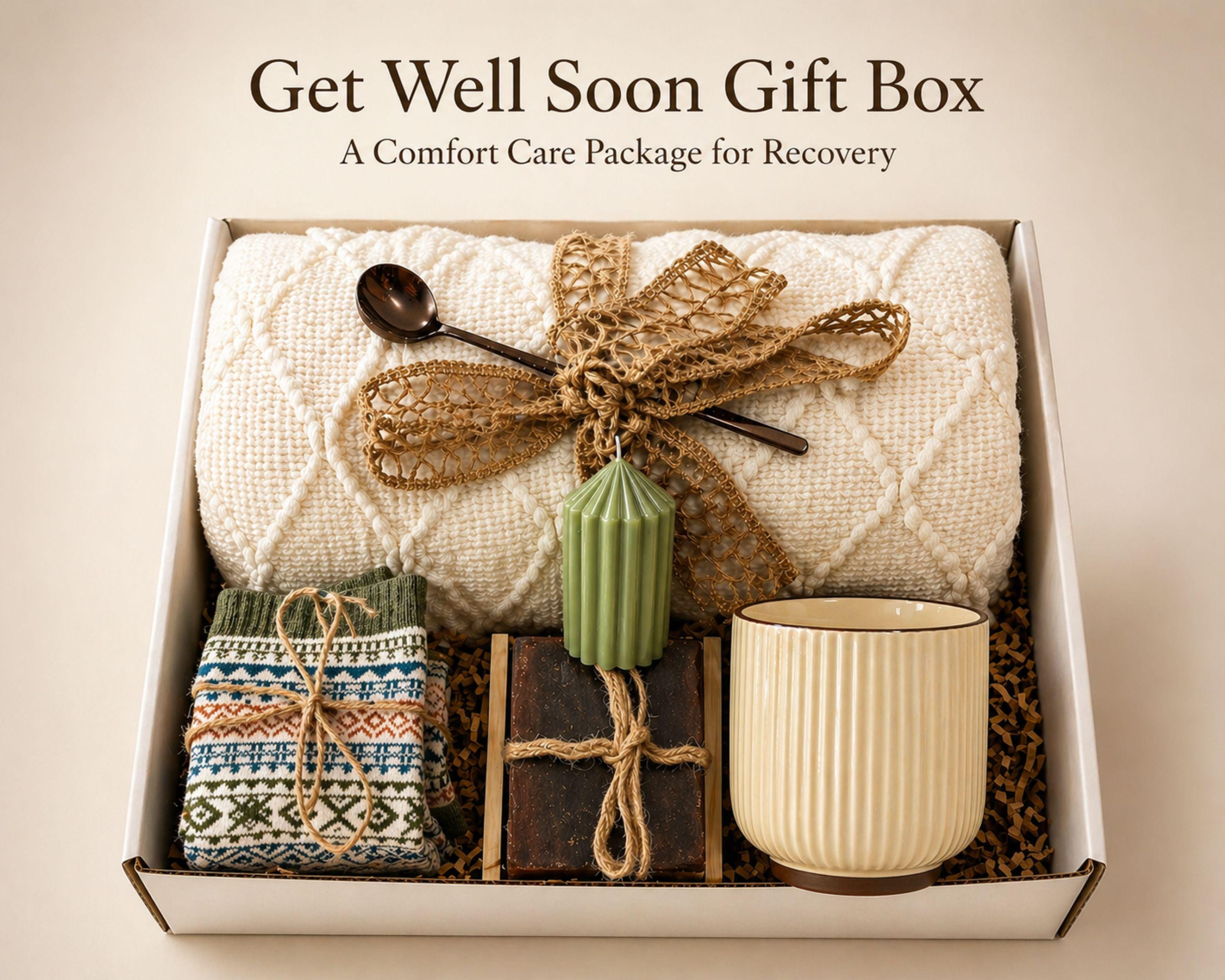 get well soon gift box after surgery care package recovery gift for her with cozy blanket, candle, ceramic mug, handmade soap, comfort gift set, feel better gift, hospital recovery gift, self care box, thinking of you gift, healing gift basket, wellness gift, cozy recovery box, comfort care package, relaxation gift for recovery