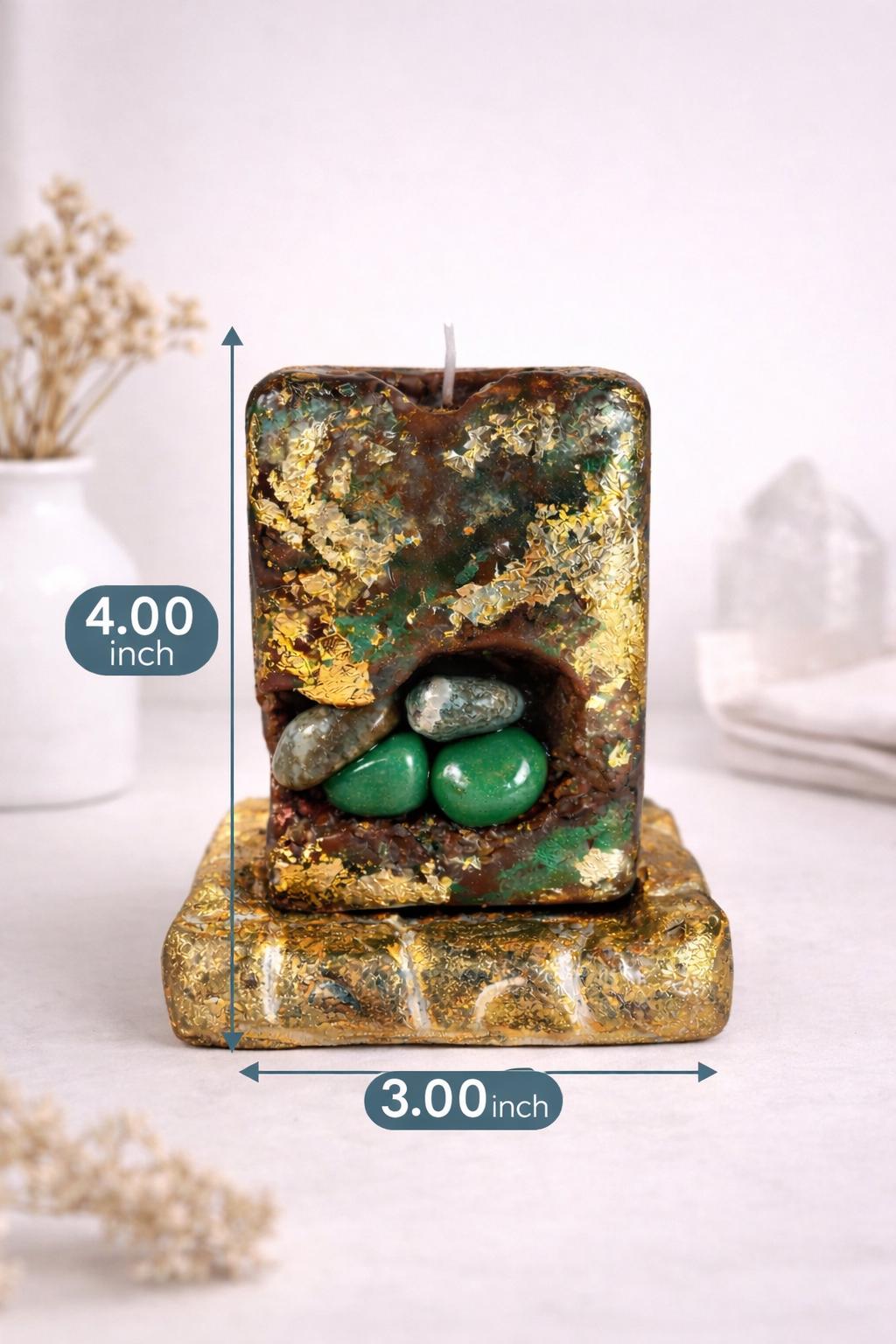 Handmade jade aura candle with size reference 4.00 inch height and 3.00 inch width, crystal candle with green stones and gold leaf, decorative home decor gift