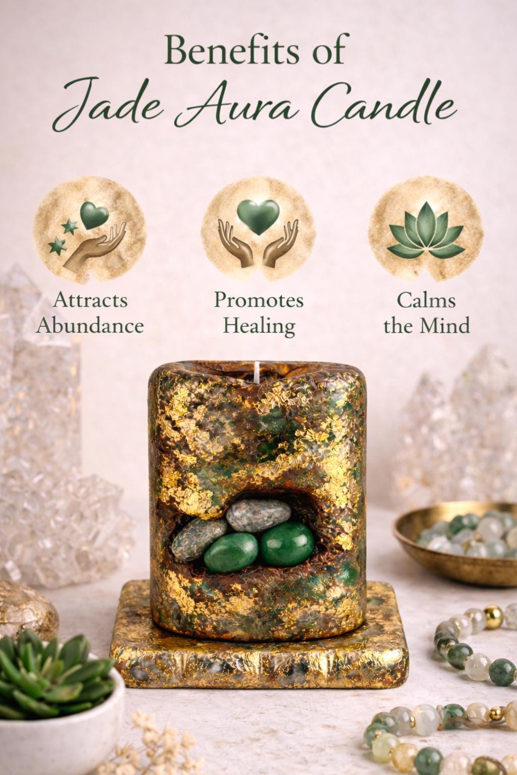 Jade aura candle with spiritual meaning, handmade crystal candle with green stones and gold leaf, calming energy decor promoting balance, healing and abundance