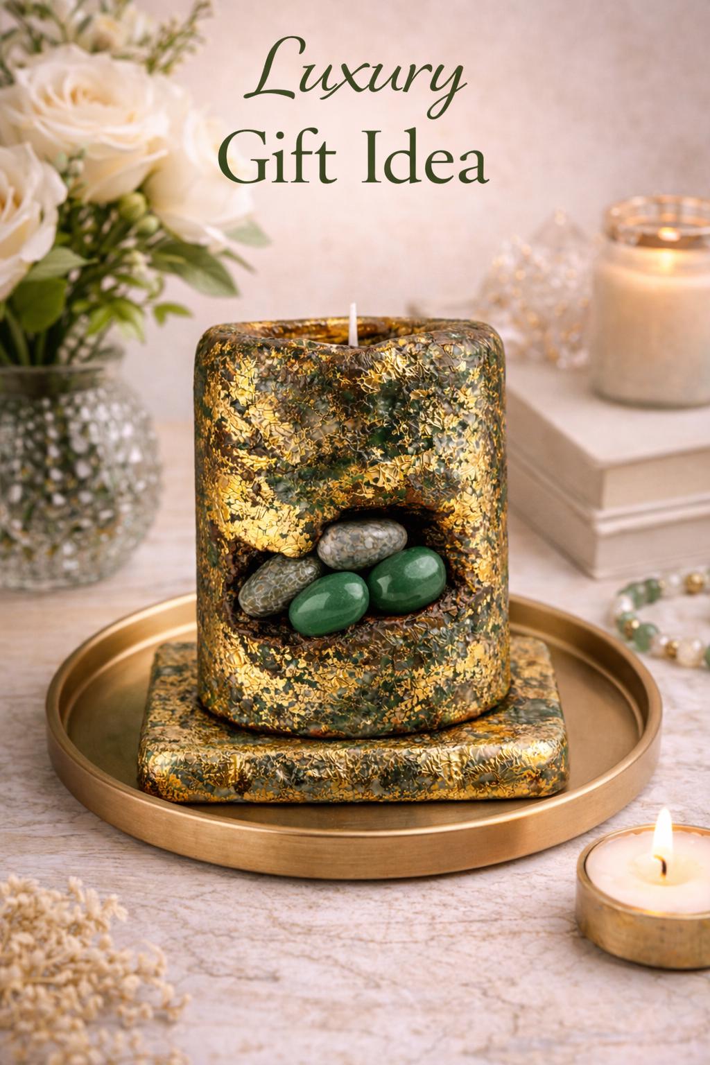 Luxury jade candle styled in elegant home decor setting, handmade crystal candle with green stones and gold leaf, premium gift idea for her