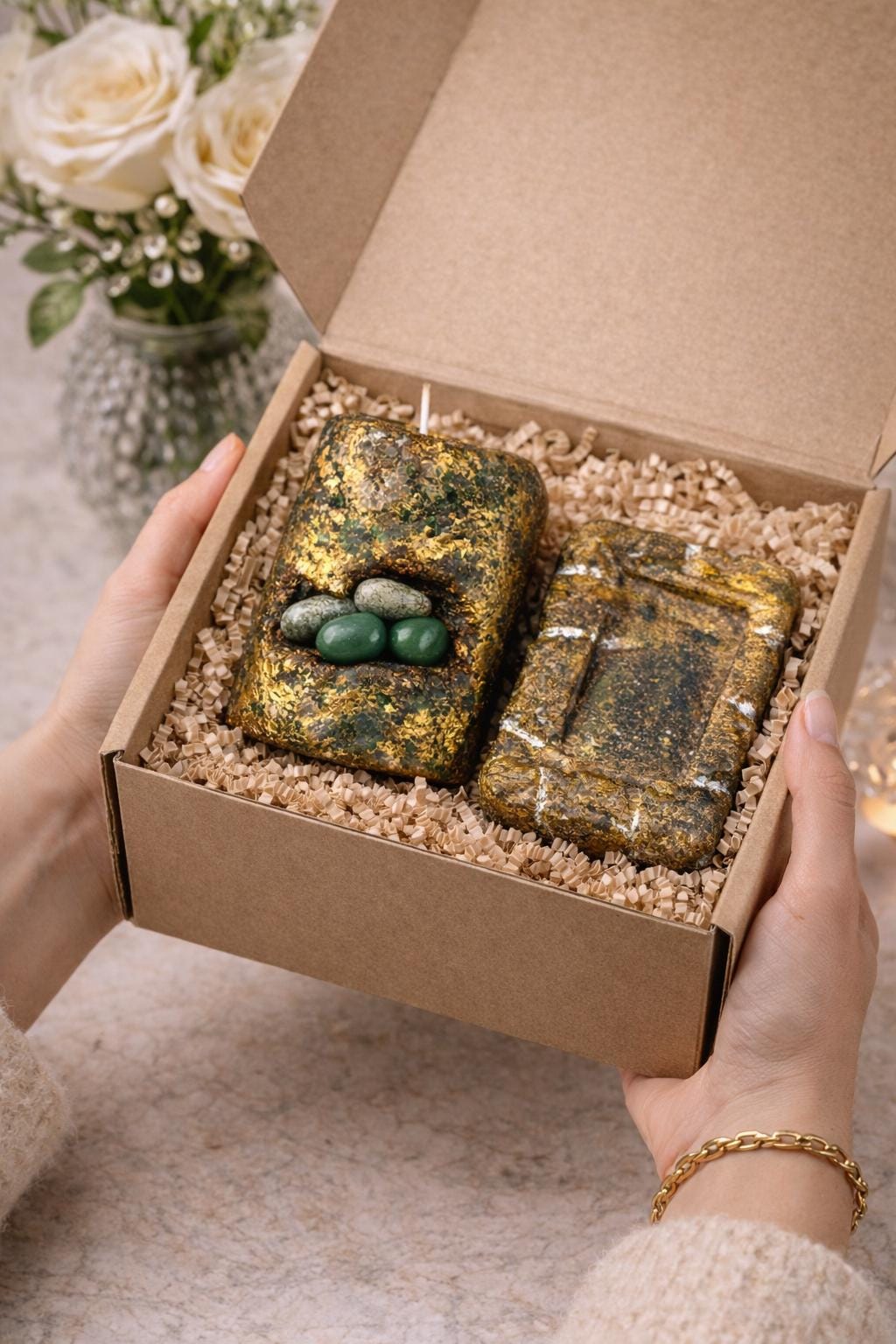 Woman holding jade crystal candle gift set, handmade candle with green stones and gold foil, premium gift for her, ready to give present