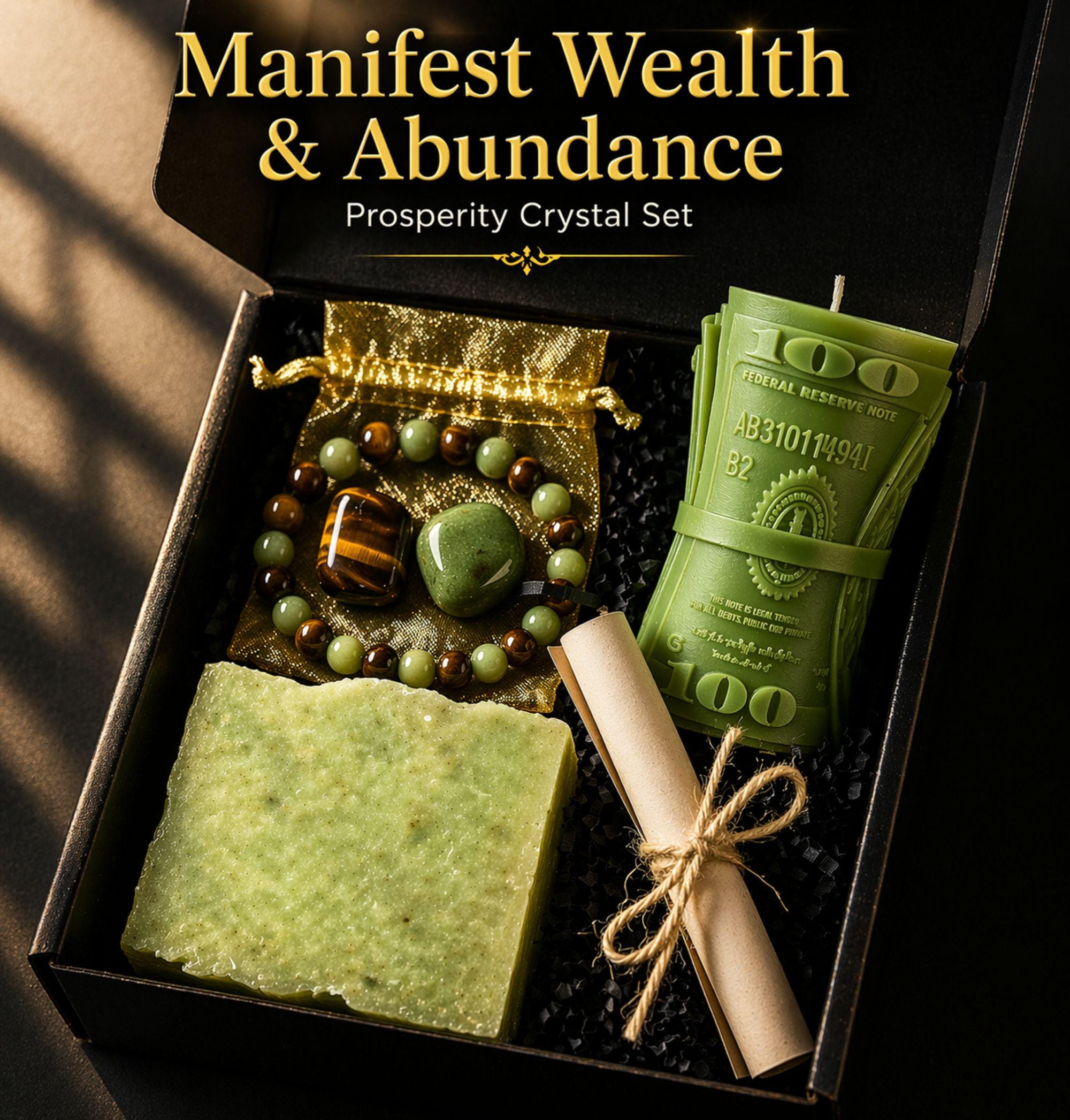 Wealth manifestation gift set with crystal bracelet, tiger eye stone, green aventurine, prosperity candle, handmade soap and intention scroll in black gift box, spiritual abundance ritual kit for attracting money success and positive energy, law of attraction gift for her or him, meaningful crystal gift set for manifestation and personal growth