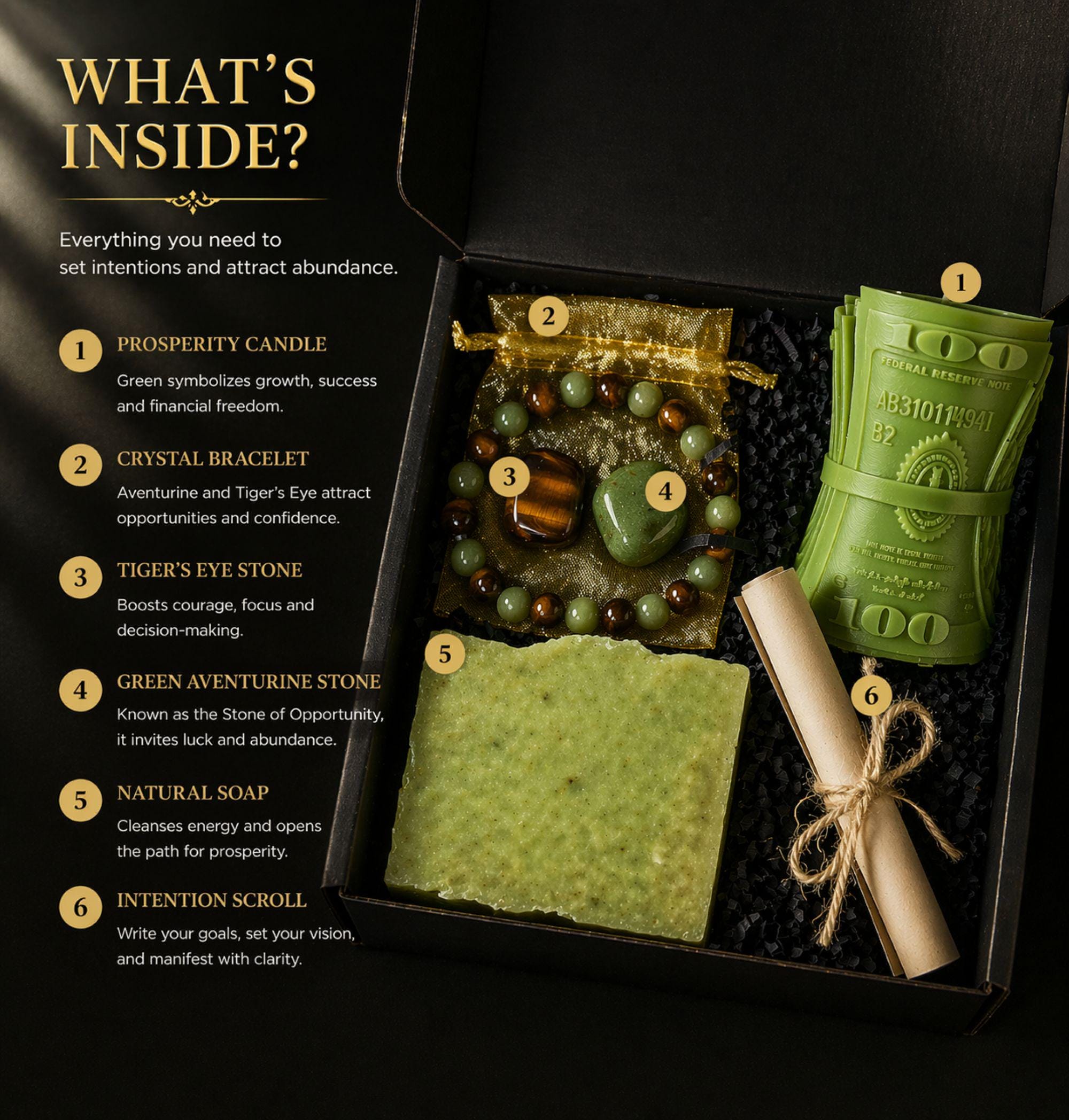 Wealth manifestation gift set with crystal bracelet, tiger eye stone, green aventurine, prosperity candle, handmade soap and intention scroll in black gift box, spiritual abundance ritual kit for attracting money success and positive energy, law of attraction gift for her or him, meaningful crystal gift set for manifestation and personal growth