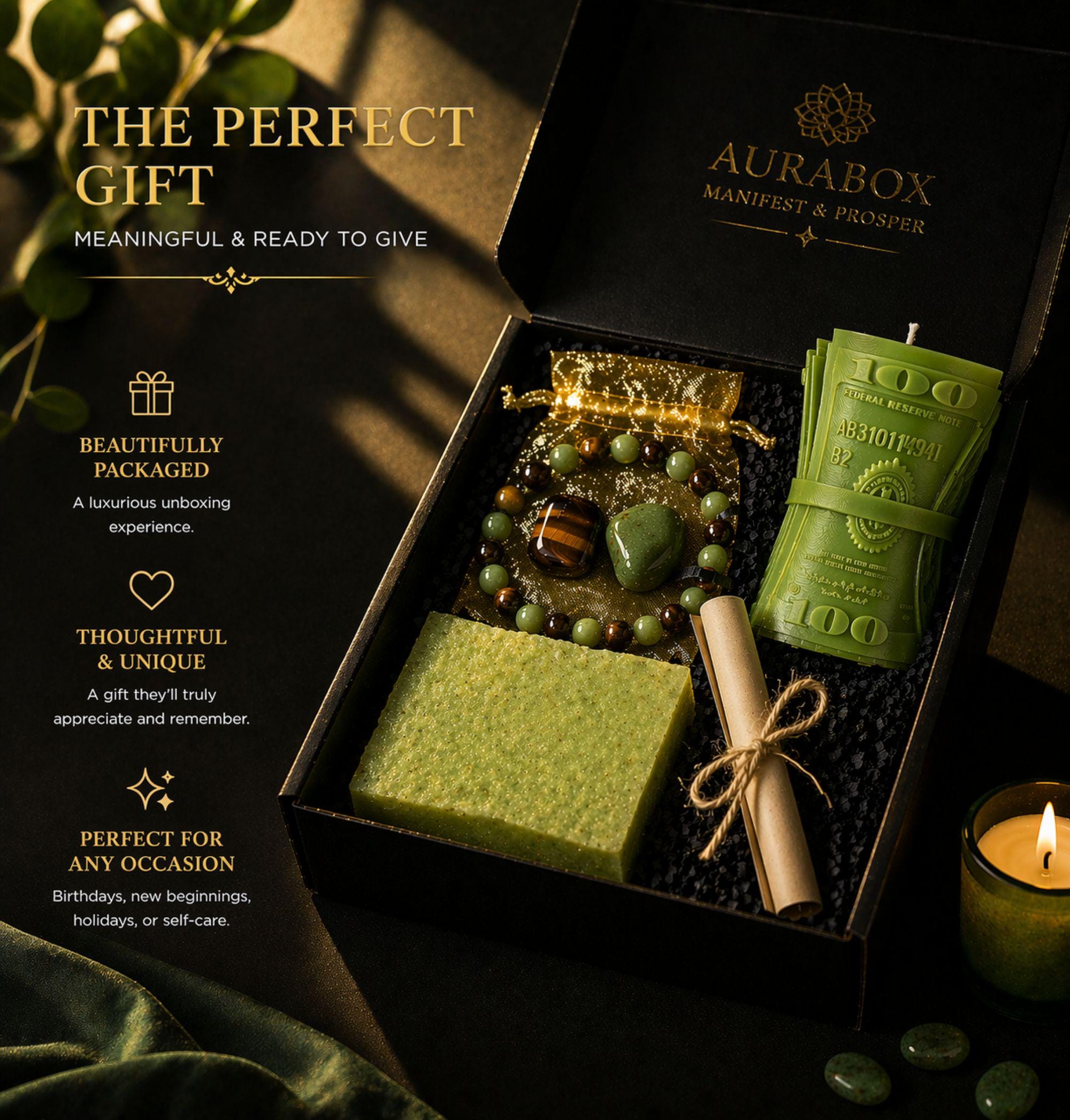 Wealth manifestation gift set with crystal bracelet, tiger eye stone, green aventurine, prosperity candle, handmade soap and intention scroll in black gift box, spiritual abundance ritual kit for attracting money success and positive energy, law of attraction gift for her or him, meaningful crystal gift set for manifestation and personal growth