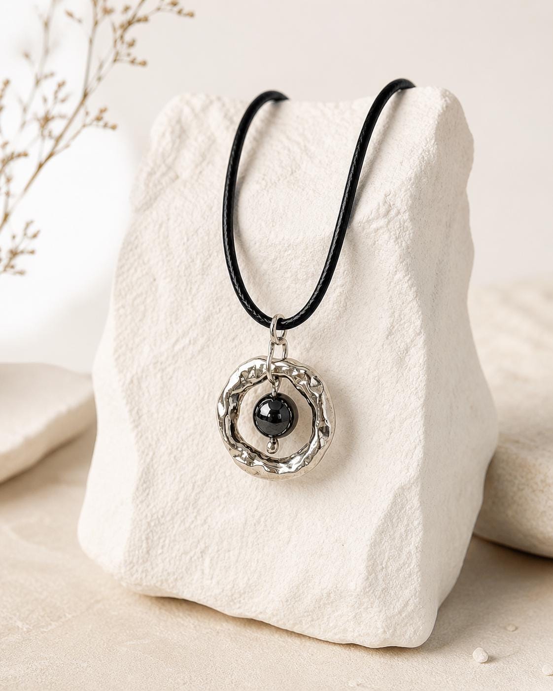 hematite necklace silver circle pendant on black cord minimalist jewelry