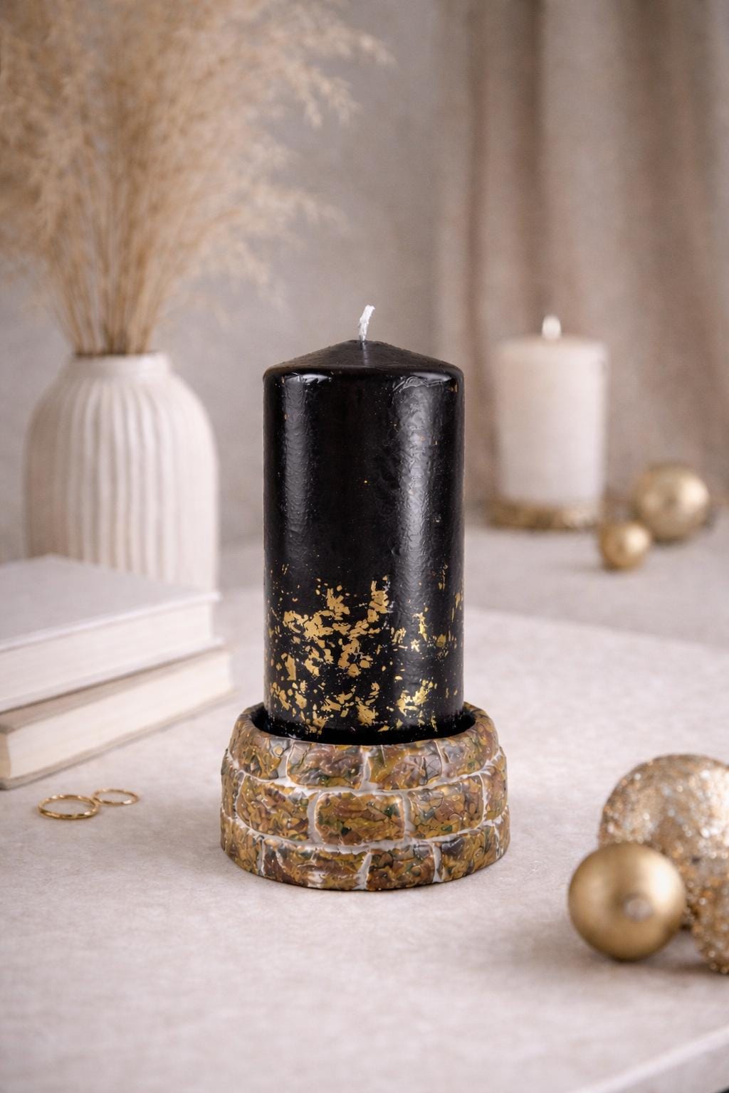 black decorative candle aesthetic flatlay modern home decor neutral styling