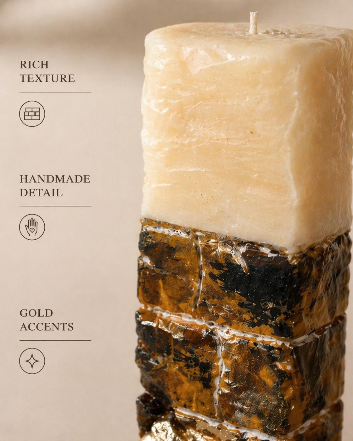 close up sculptural candle showing rich texture gold accents handmade decorative candle modern home decor
