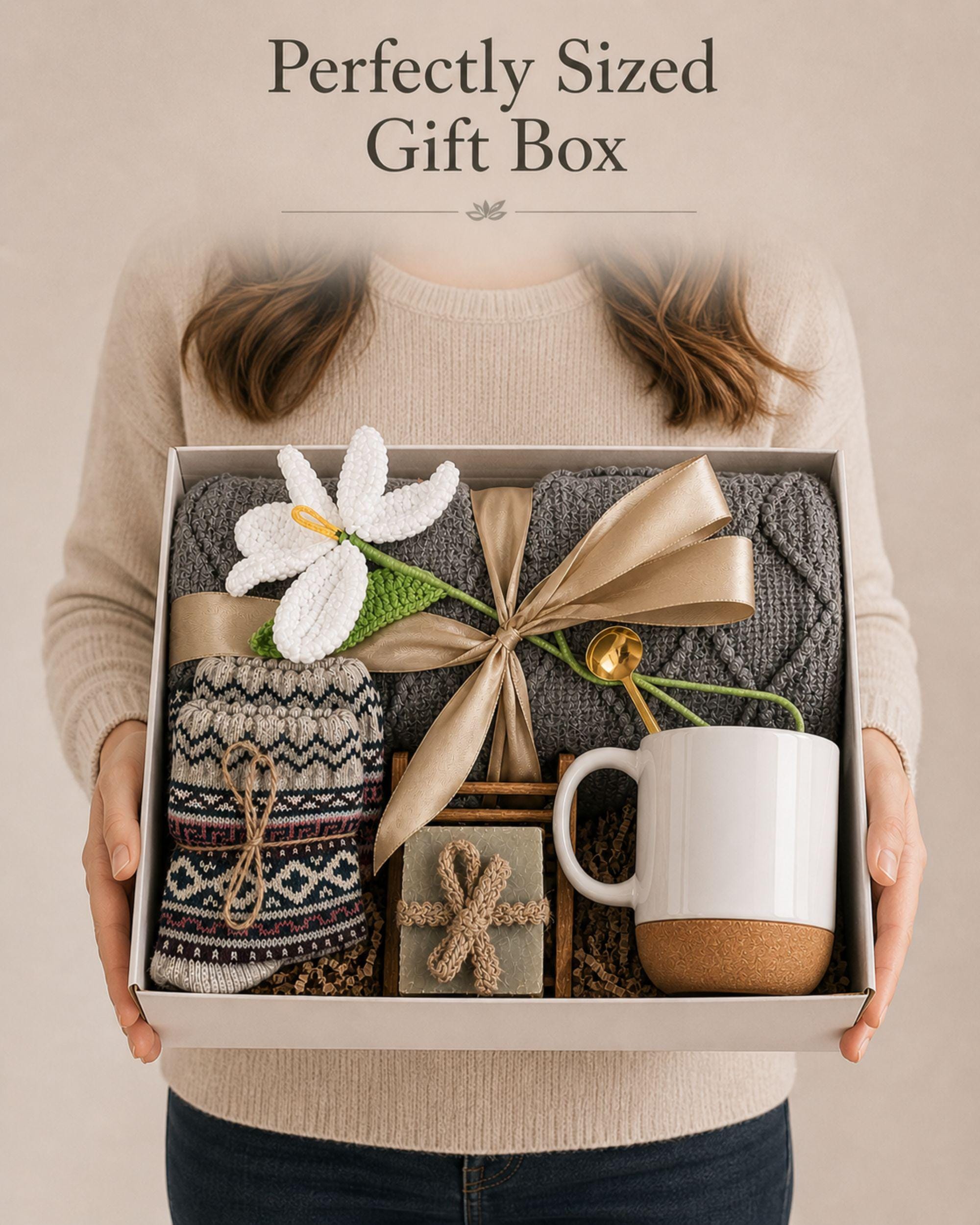 birthday gift box for her self care package cozy spa gift basket relaxation gift with knit blanket ceramic mug gold spoon artisan soap cozy socks handmade flower thoughtful birthday present for women comfort care package ready to gift