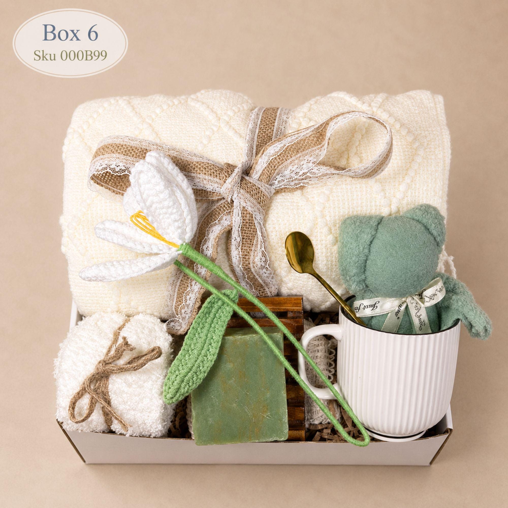 birthday gift box for her self care package cozy spa gift basket relaxation gift with knit blanket ceramic mug gold spoon artisan soap cozy socks handmade flower thoughtful birthday present for women comfort care package ready to gift