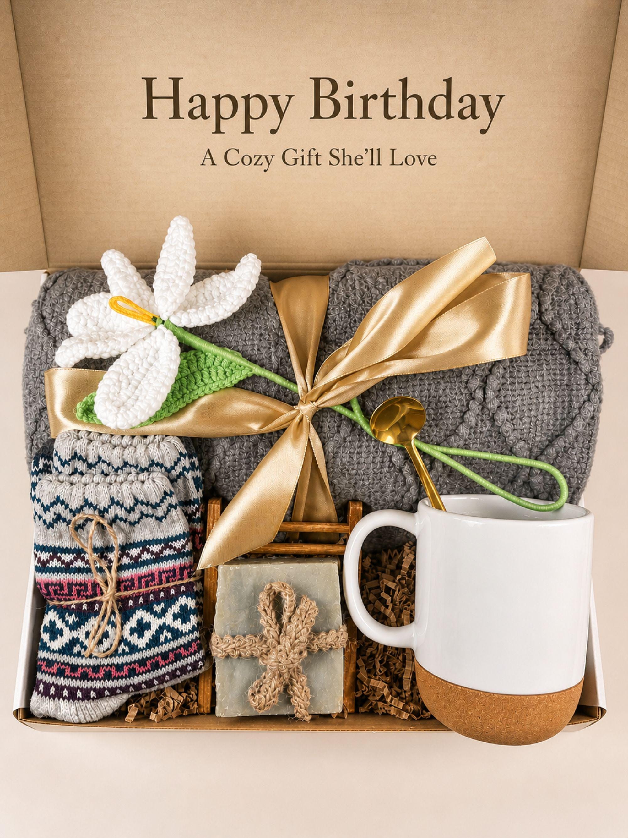 birthday gift box for her self care package cozy spa gift basket relaxation gift with knit blanket ceramic mug gold spoon artisan soap cozy socks handmade flower thoughtful birthday present for women comfort care package ready to gift