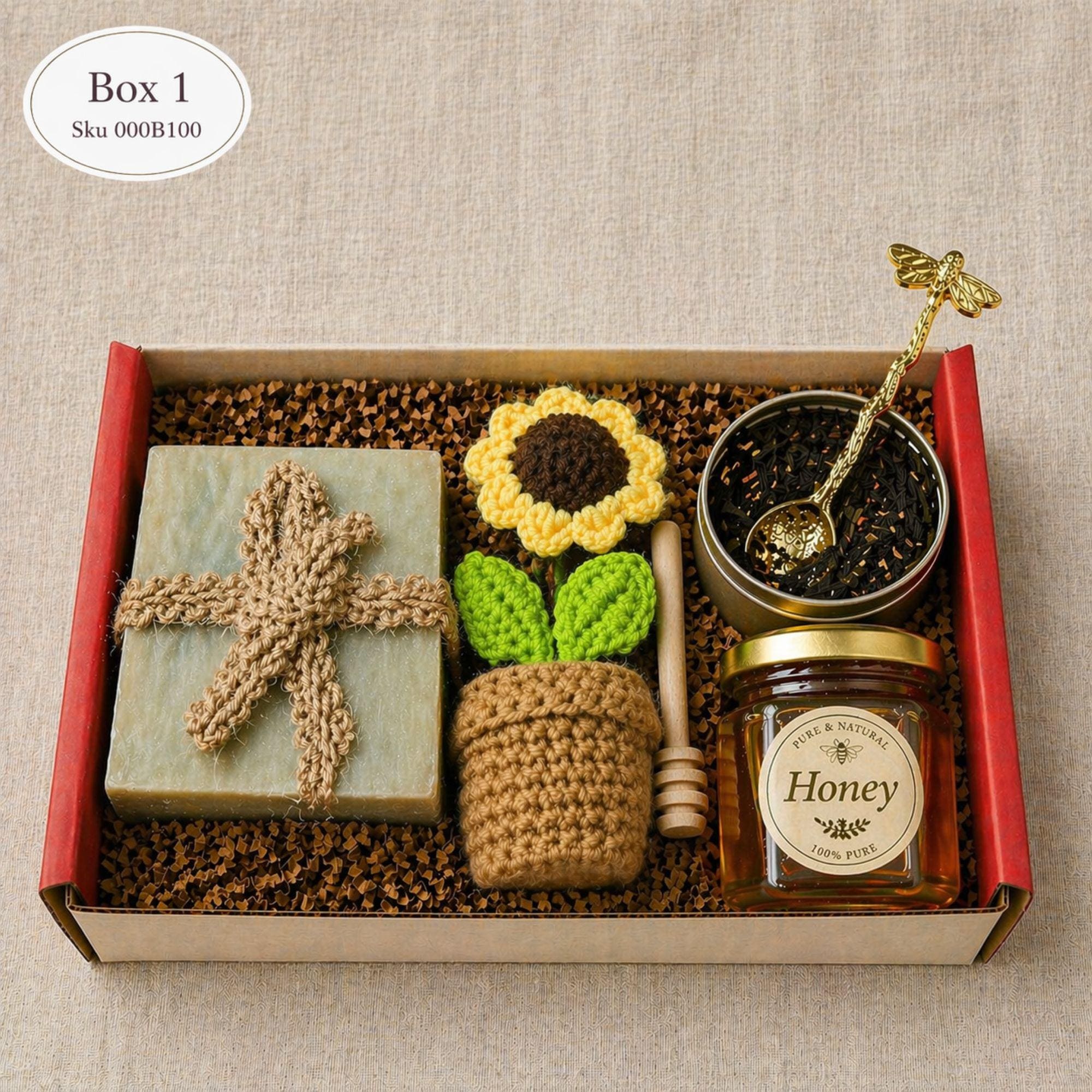 employee appreciation gift box corporate gift with tea honey jar wooden dipper gold spoon handmade soap and crochet sunflower, staff thank you gift box, client gift set ready to gift, business gift box for employees, bulk corporate gifts idea, team appreciation gift, office gift box, professional thank you gift, small company gift set, modern employee gift box with tea and honey