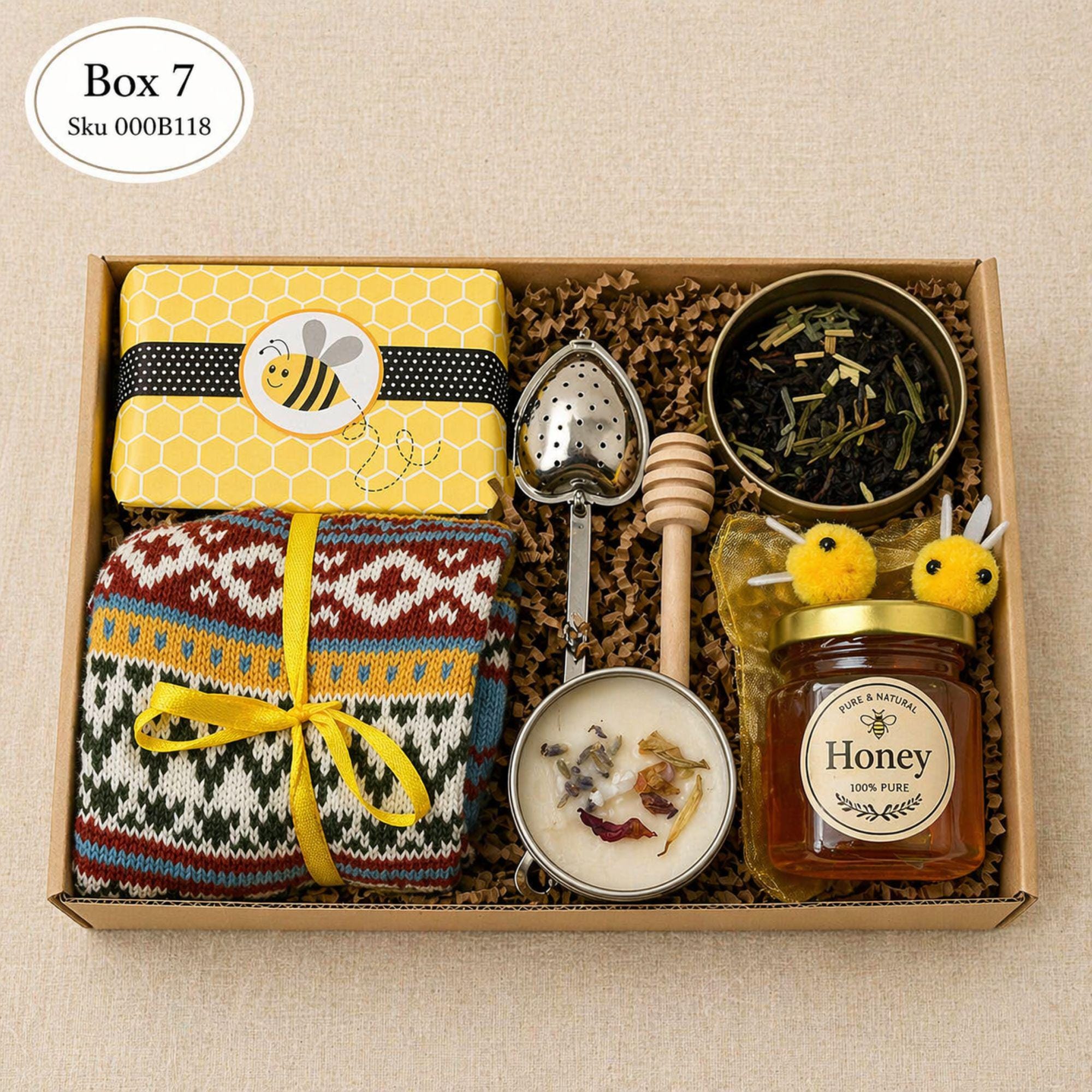 employee appreciation gift box corporate gift with tea honey jar wooden dipper gold spoon handmade soap and crochet sunflower, staff thank you gift box, client gift set ready to gift, business gift box for employees, bulk corporate gifts idea, team appreciation gift, office gift box, professional thank you gift, small company gift set, modern employee gift box with tea and honey