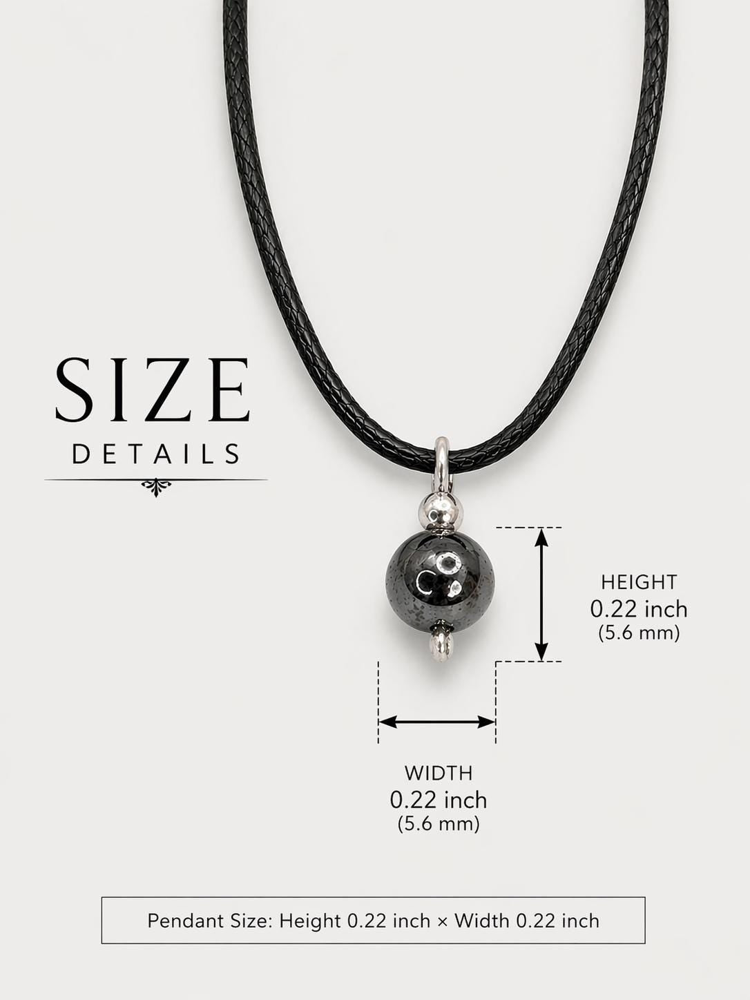 Hematite necklace size guide with polished round gemstone pendant on black adjustable cord, minimalist protection jewelry, pendant height 0.22 inch and width 0.22 inch