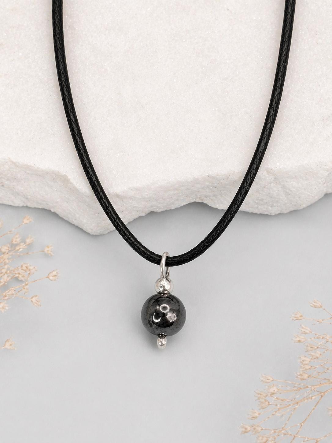 Luxury minimalist hematite necklace with polished round gemstone pendant on black adjustable cord, elegant protection necklace, premium crystal jewelry gift for her