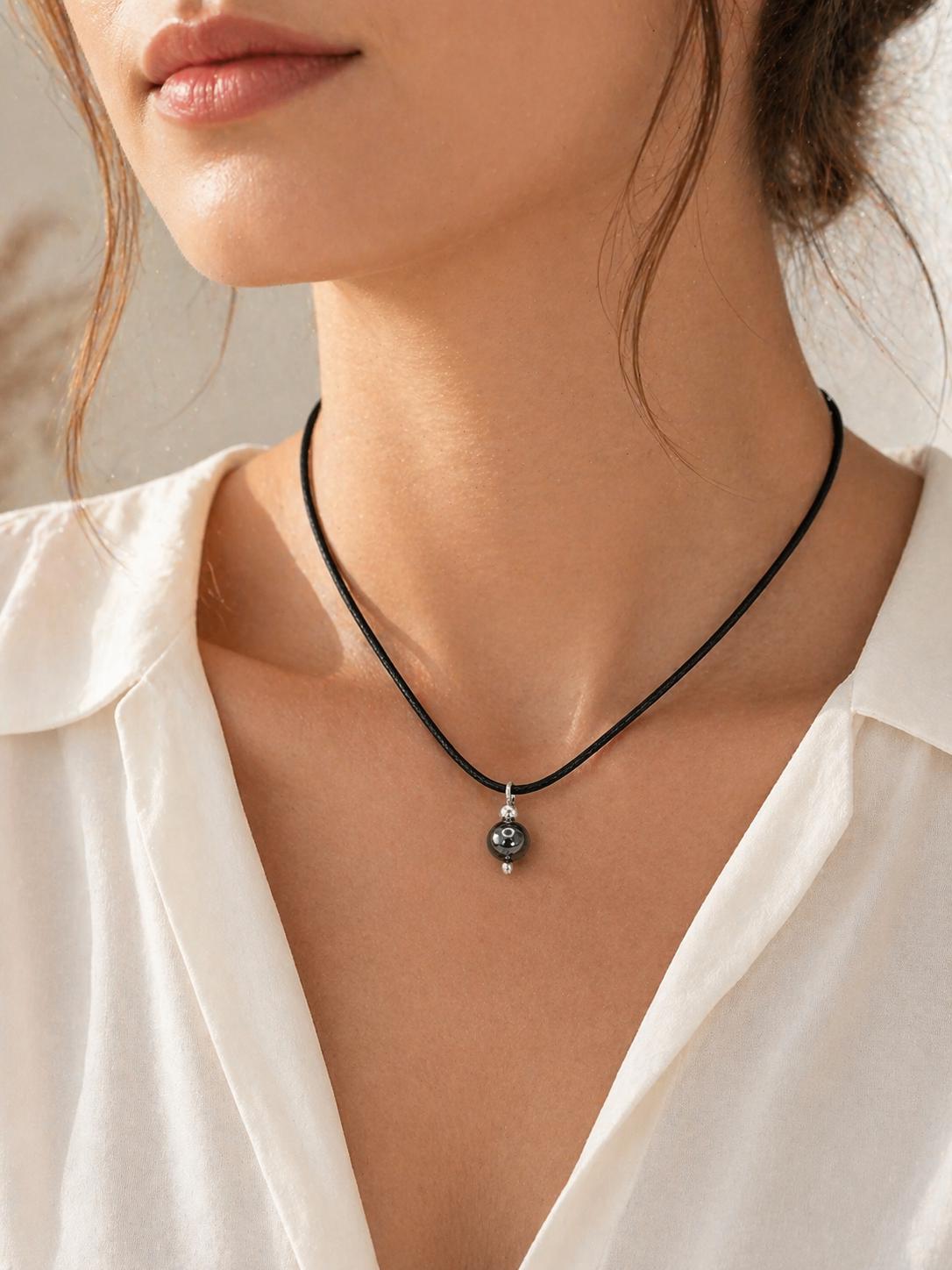 Luxury minimalist hematite necklace with polished round gemstone pendant on black adjustable cord, elegant protection necklace, premium crystal jewelry gift for her