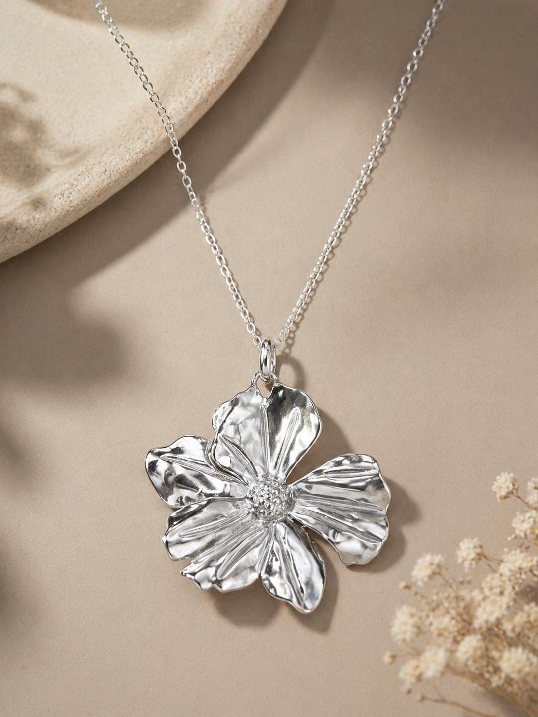 Elegant silver flower necklace with sculptural floral pendant on silver plated chain, romantic statement jewelry gift for women, feminine blossom pendant necklace